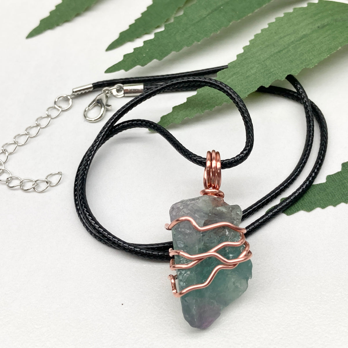 Raw Green Fluorite Crystal Necklace. This Stone Is Wrapped With Pure Copper Wire. Comes On A Black Lobster Clasp Chain.