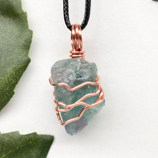 Raw Green Fluorite Crystal Necklace. This Stone Is Wrapped With Pure Copper Wire. Comes On A Black Lobster Clasp Chain.