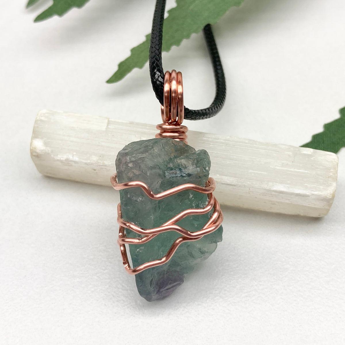 Raw Green Fluorite Crystal Necklace. This Stone Is Wrapped With Pure Copper Wire. Comes On A Black Lobster Clasp Chain.