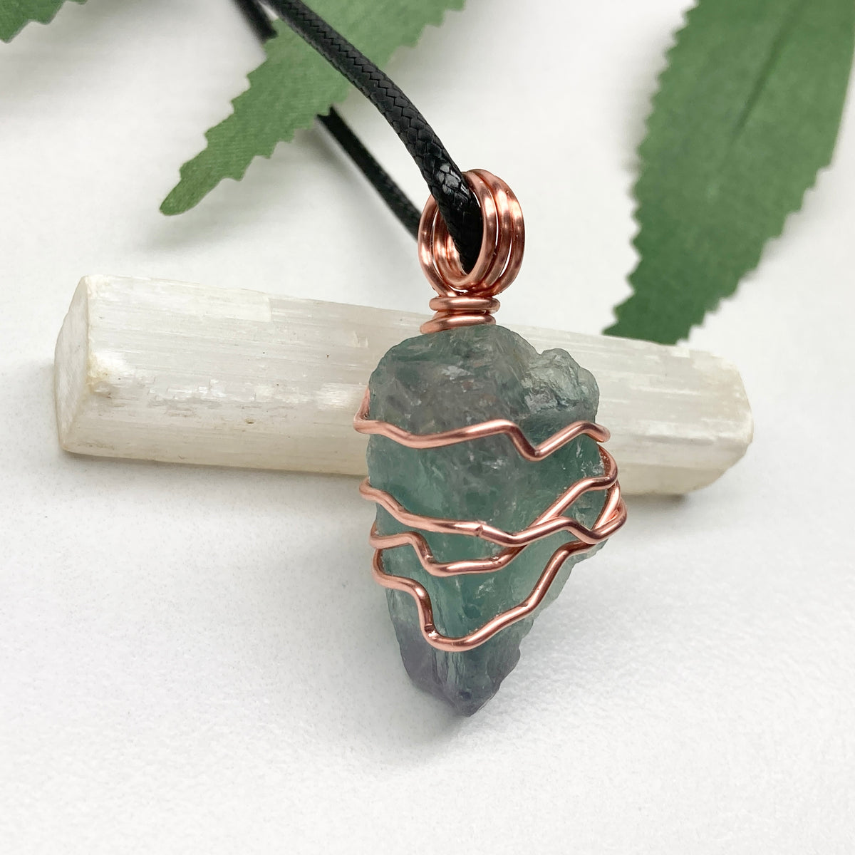 Raw Green Fluorite Crystal Necklace. This Stone Is Wrapped With Pure Copper Wire. Comes On A Black Lobster Clasp Chain.