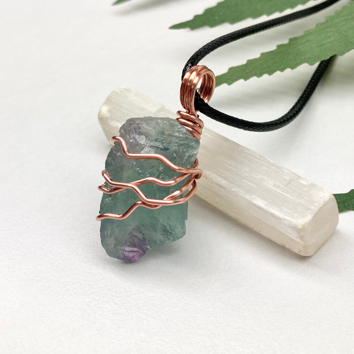 Raw Green Fluorite Crystal Necklace. This Stone Is Wrapped With Pure Copper Wire. Comes On A Black Lobster Clasp Chain.