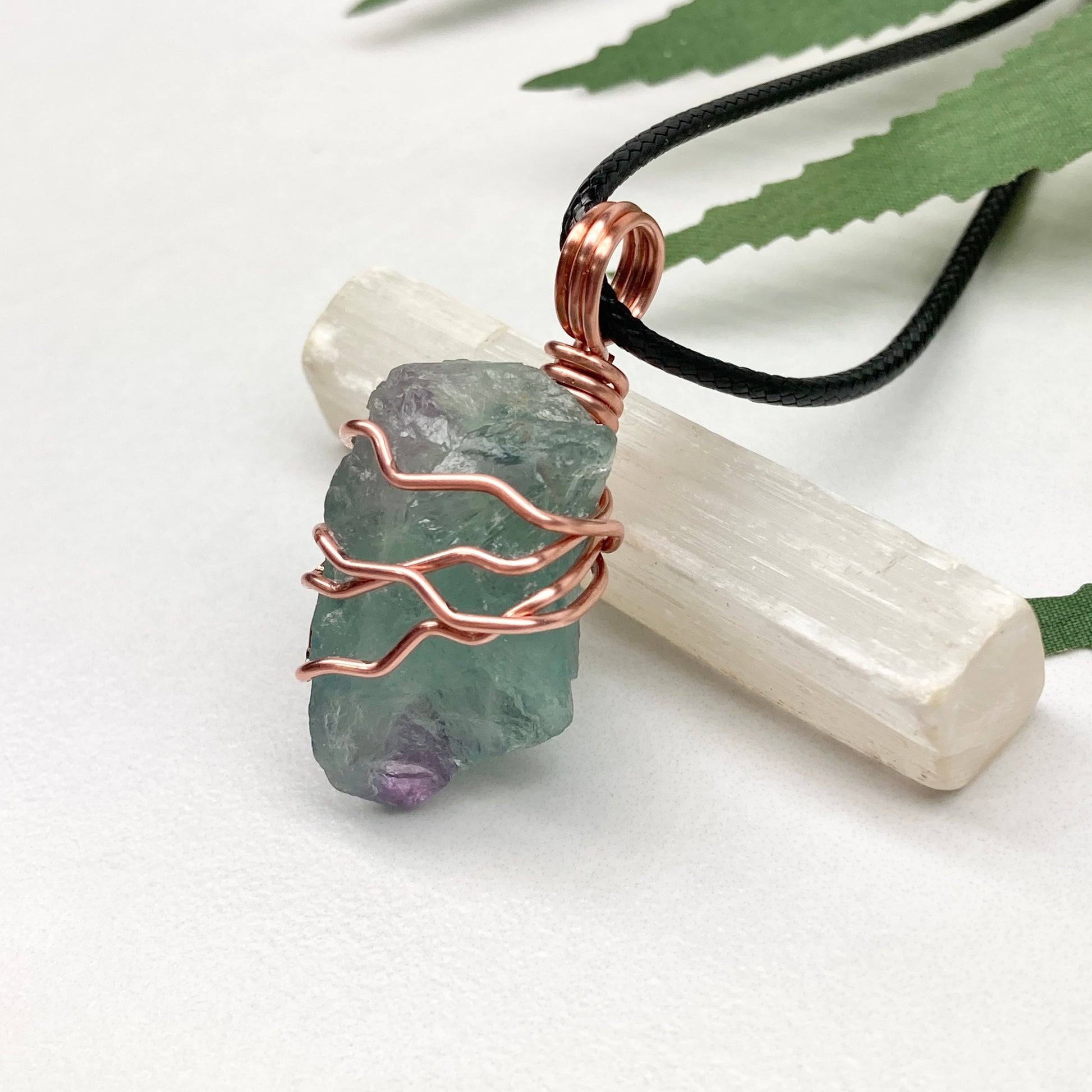 Raw Green Fluorite Crystal Necklace. This Stone Is Wrapped With Pure Copper Wire. Comes On A Black Lobster Clasp Chain.
