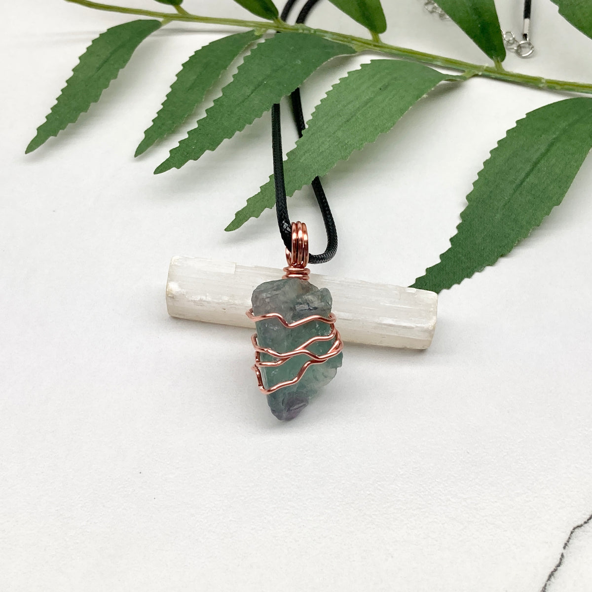 Raw Green Fluorite Crystal Necklace. This Stone Is Wrapped With Pure Copper Wire. Comes On A Black Lobster Clasp Chain.