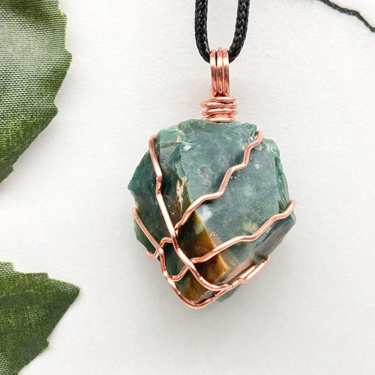 Chunky Green Jasper Necklace. Raw green stone wrapped with pure copper wire. Hangs on a black chain. Handmade spiritual jewelry.