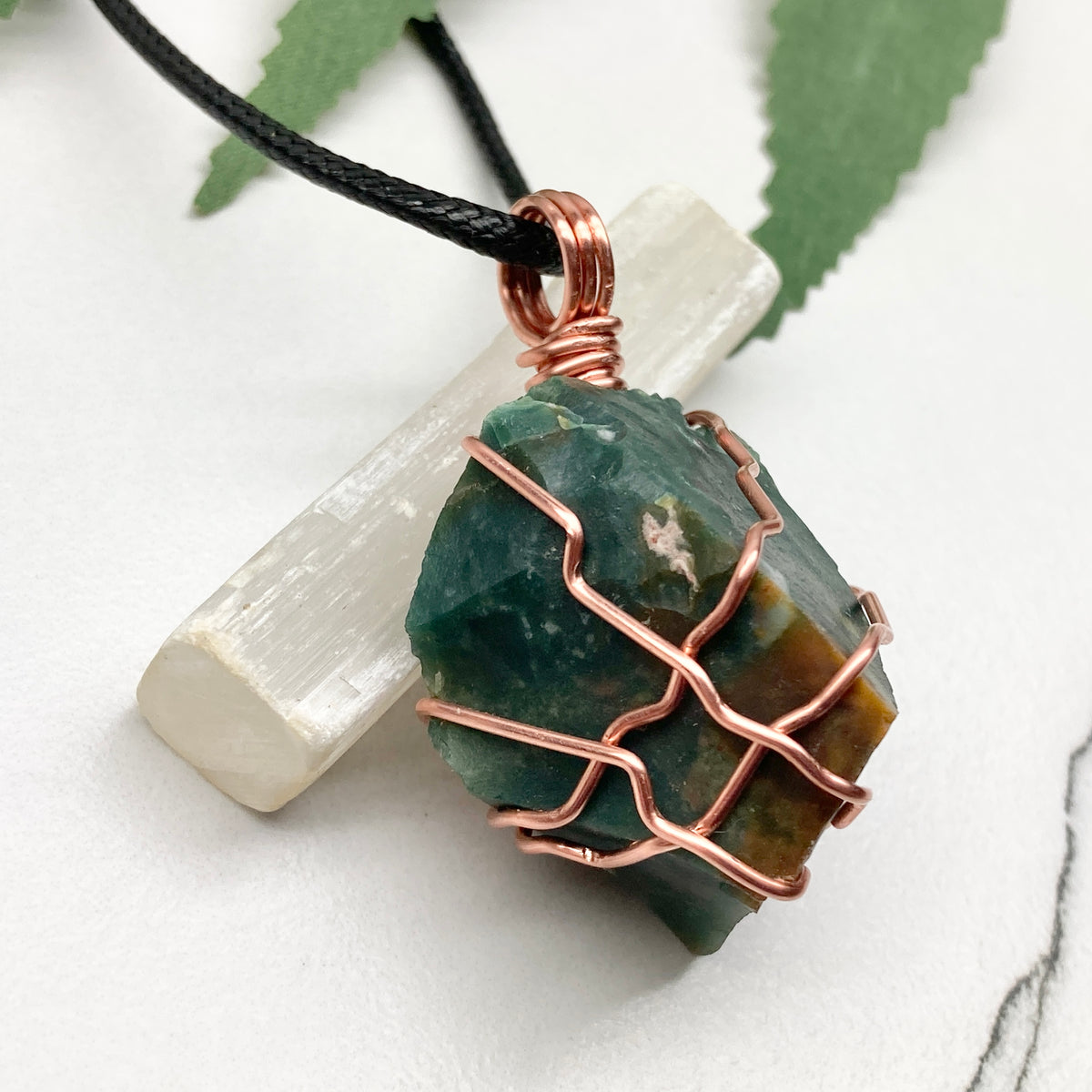 Chunky Green Jasper Necklace. Raw green stone wrapped with pure copper wire. Hangs on a black chain. Handmade spiritual jewelry.