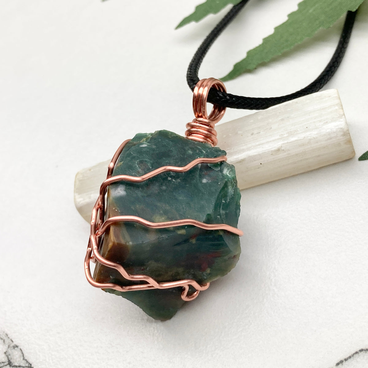 Chunky Green Jasper Necklace. Raw green stone wrapped with pure copper wire. Hangs on a black chain. Handmade spiritual jewelry.