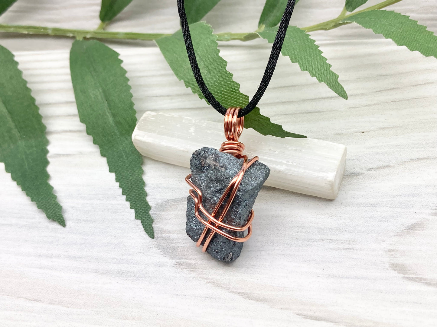 Hematite Necklace. Raw Gray Crystal Pendant. Copper Wire Wrapped Stone. Aries Zodiac Jewelry.