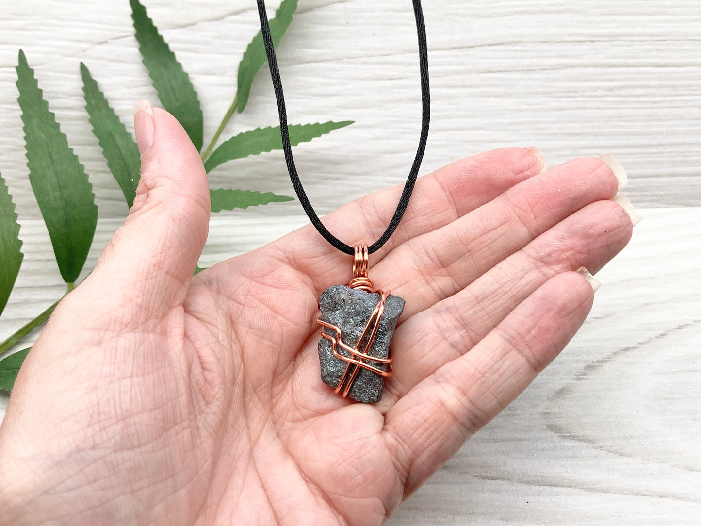 Hematite Necklace. Raw Gray Crystal Pendant. Copper Wire Wrapped Stone. Aries Zodiac Jewelry.