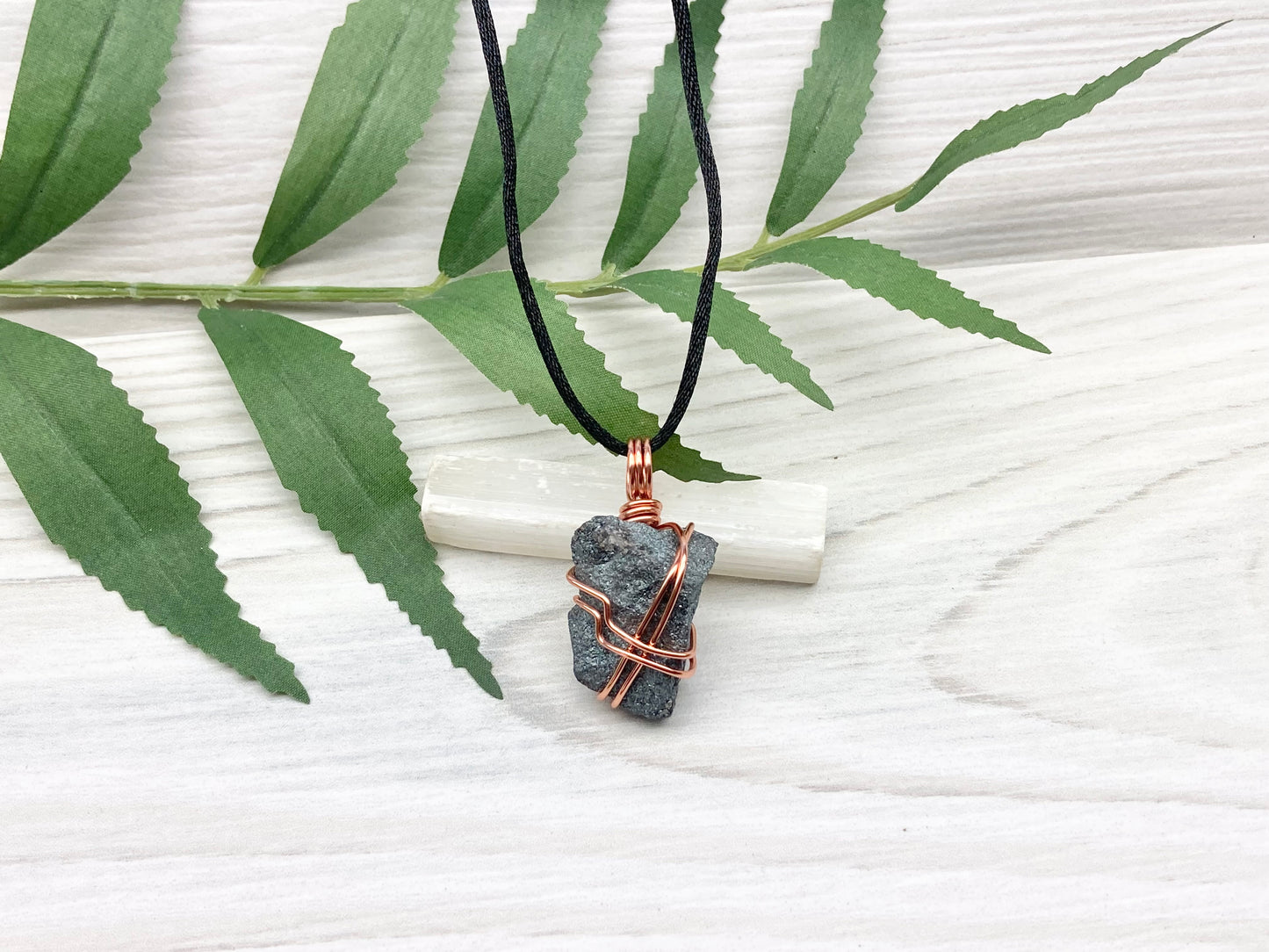 Hematite Necklace. Raw Gray Crystal Pendant. Copper Wire Wrapped Stone. Aries Zodiac Jewelry.