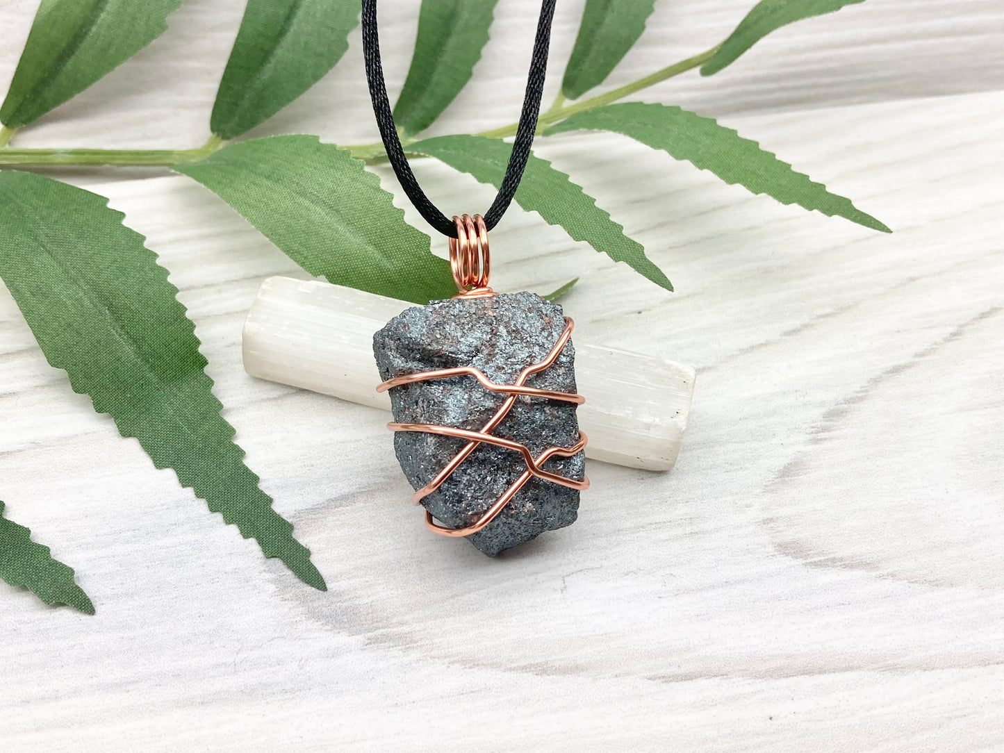 Raw Hematite Necklace. Gray Metallic Colored Stone Hand Wrapped With Pure Copper Wire. Comes On A Black Chain. New Age Jewelry For Him Or Her. Aquarius Zodiac Gemstone.