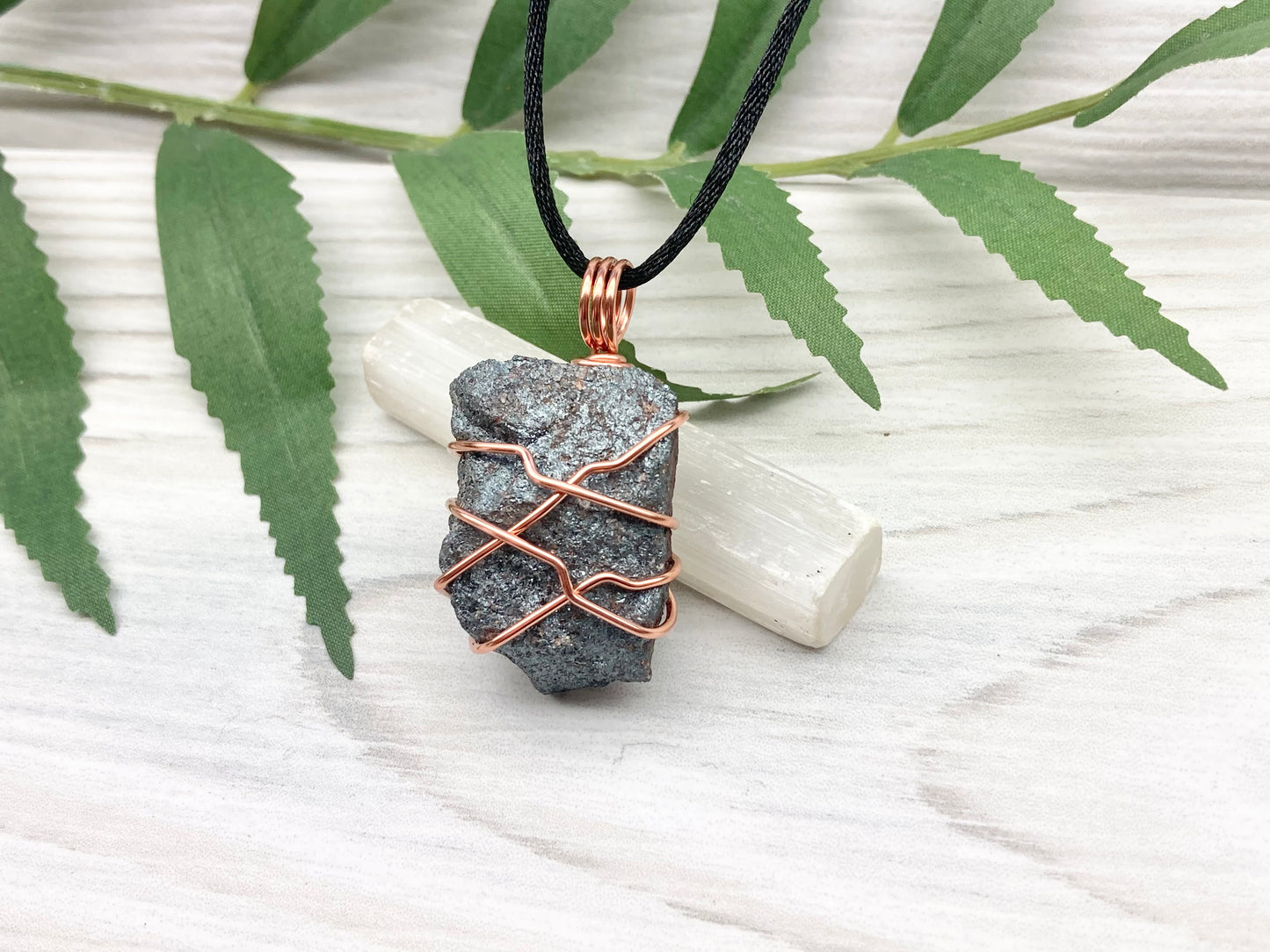 Raw Hematite Necklace. Gray Metallic Colored Stone Hand Wrapped With Pure Copper Wire. Comes On A Black Chain. New Age Jewelry For Him Or Her. Aquarius Zodiac Gemstone.