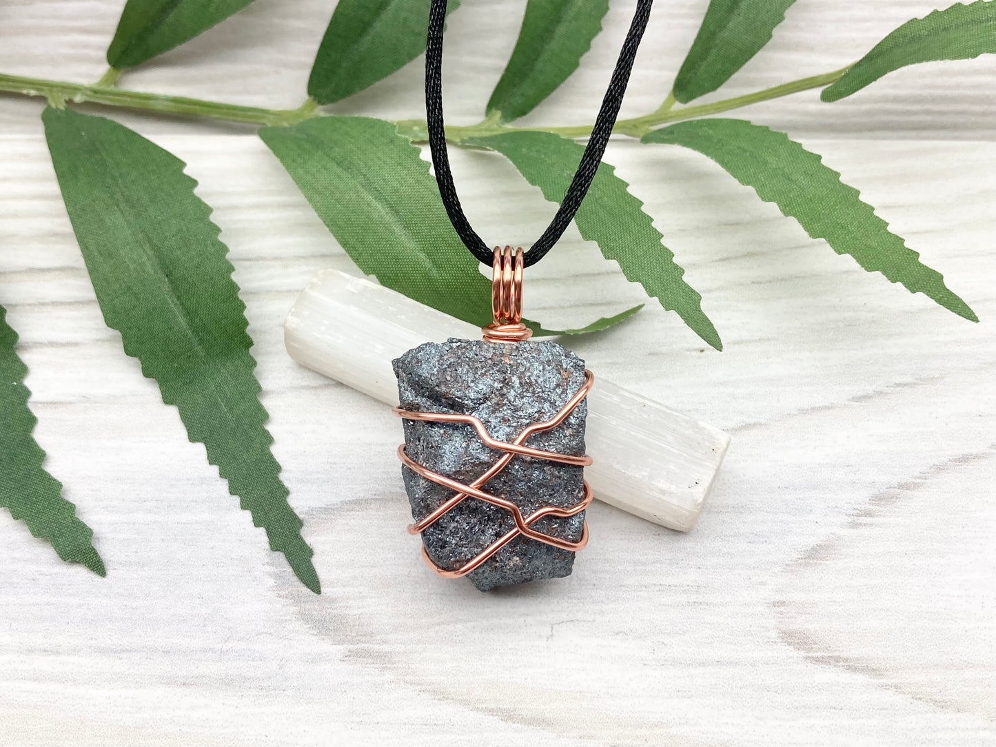 Raw Hematite Necklace. Gray Metallic Colored Stone Hand Wrapped With Pure Copper Wire. Comes On A Black Chain. New Age Jewelry For Him Or Her. Aquarius Zodiac Gemstone.