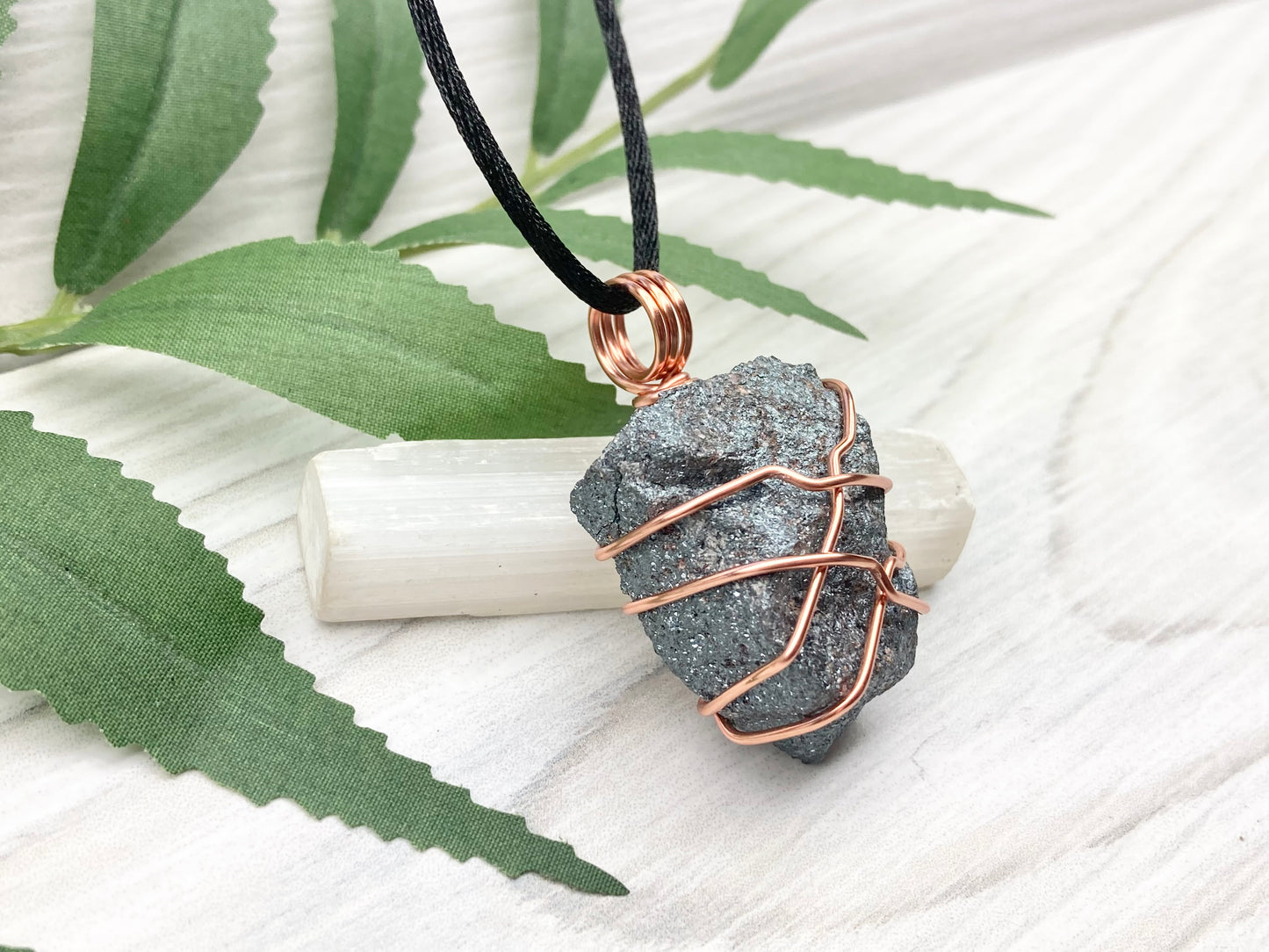 Raw Hematite Necklace. Gray Metallic Colored Stone Hand Wrapped With Pure Copper Wire. Comes On A Black Chain. New Age Jewelry For Him Or Her. Aquarius Zodiac Gemstone.