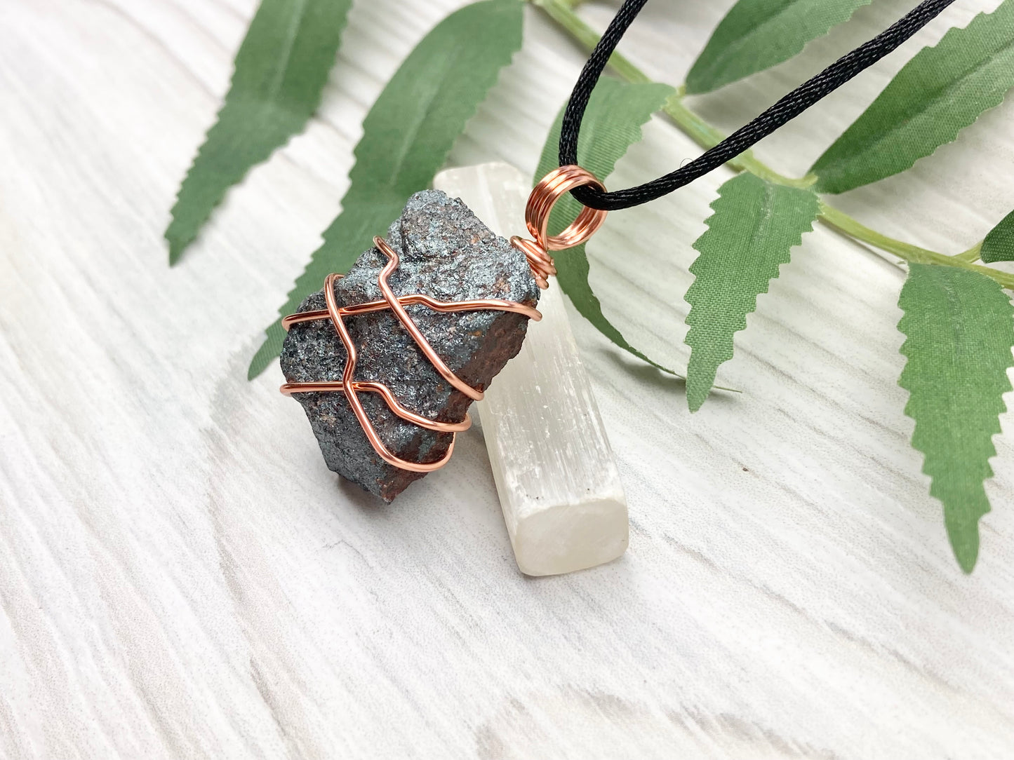 Raw Hematite Necklace. Gray Metallic Colored Stone Hand Wrapped With Pure Copper Wire. Comes On A Black Chain. New Age Jewelry For Him Or Her. Aquarius Zodiac Gemstone.