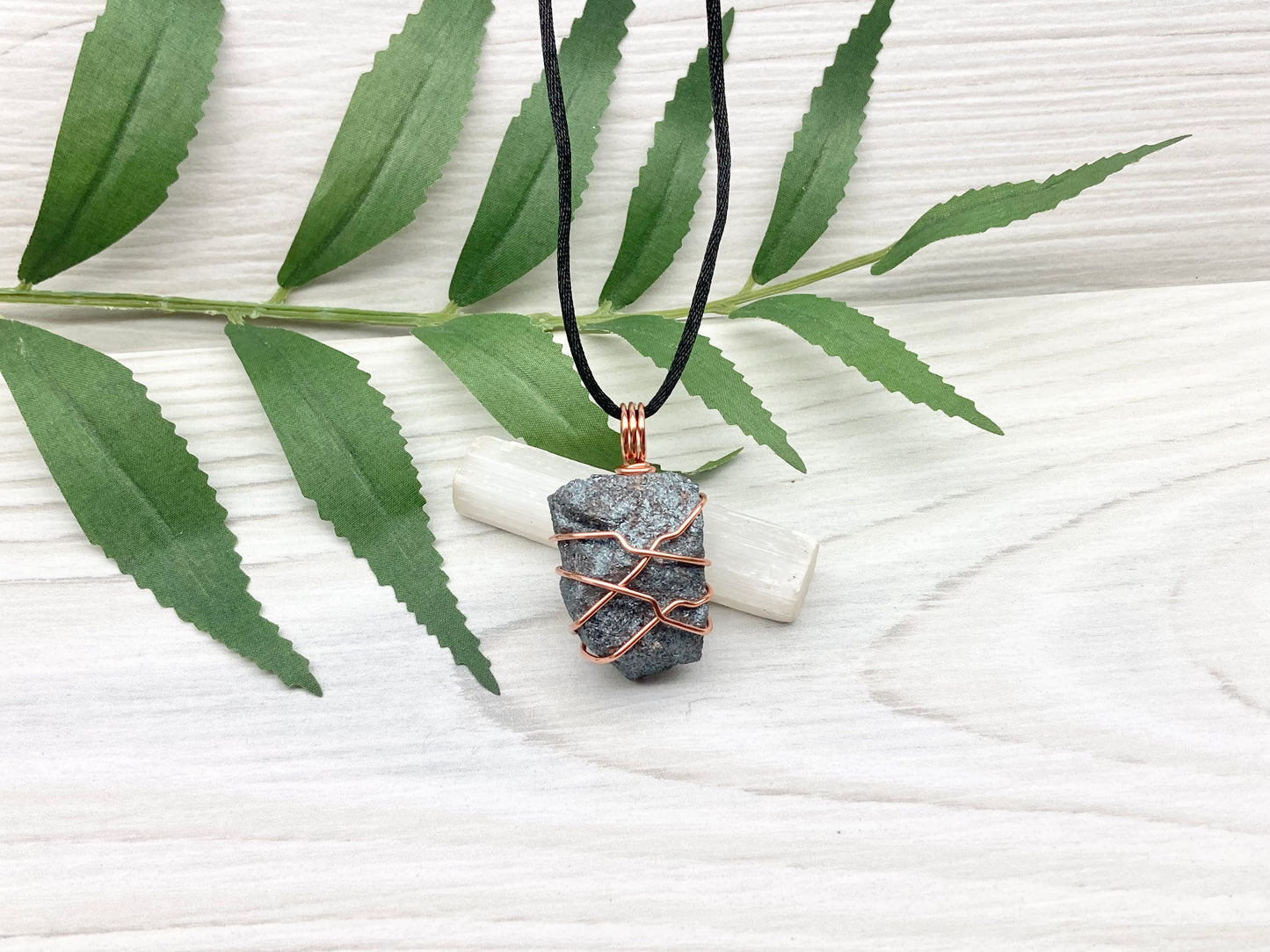 Raw Hematite Necklace. Gray Metallic Colored Stone Hand Wrapped With Pure Copper Wire. Comes On A Black Chain. New Age Jewelry For Him Or Her. Aquarius Zodiac Gemstone.