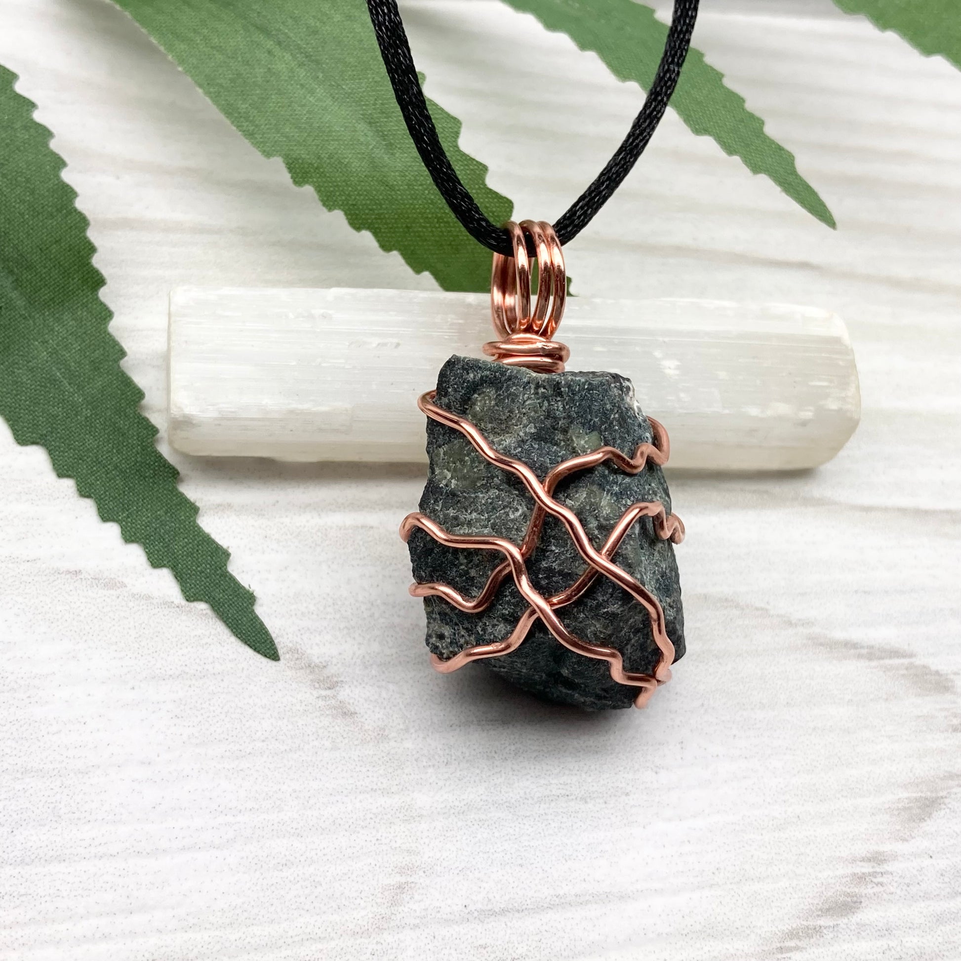 Raw Kambaba Jasper Necklace. Black and green stone wrapped with tarnish resistant copper wire. Comes on a black chain. Real crystal pendant. Wire wrapped jewelry. Handmade witchy gift.