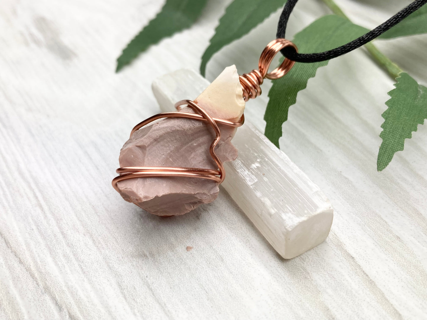 Raw Mookaite Jasper Necklace. Cream and Light Brown Crystal Wrapped With Tarnish Resistant Copper Wire. Comes On A Black Satin Silk Chain. Handcrafted During The Moon In Aries.