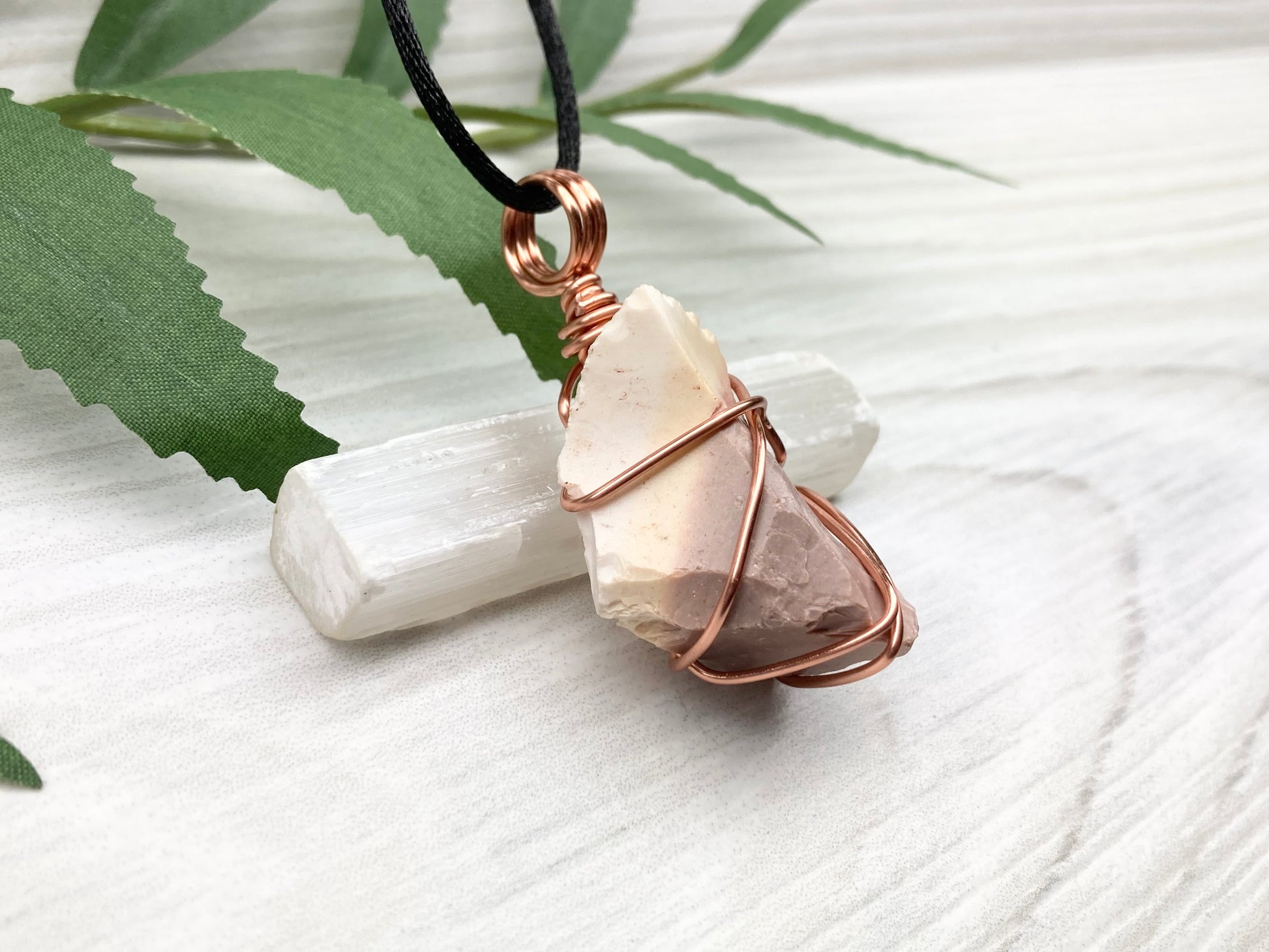 Raw Mookaite Jasper Necklace. Cream and Light Brown Crystal Wrapped With Tarnish Resistant Copper Wire. Comes On A Black Satin Silk Chain. Handcrafted During The Moon In Aries.