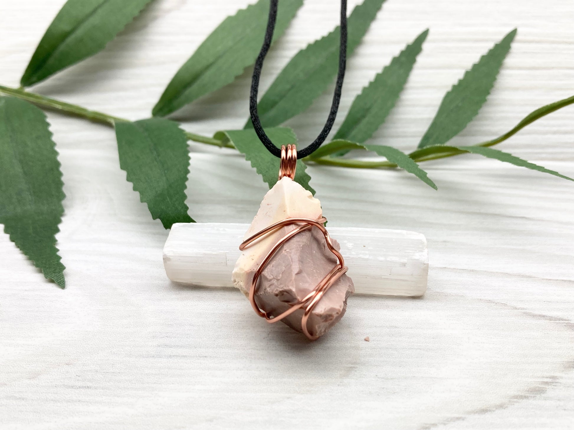Raw Mookaite Jasper Necklace. Cream and Light Brown Crystal Wrapped With Tarnish Resistant Copper Wire. Comes On A Black Satin Silk Chain. Handcrafted During The Moon In Aries.