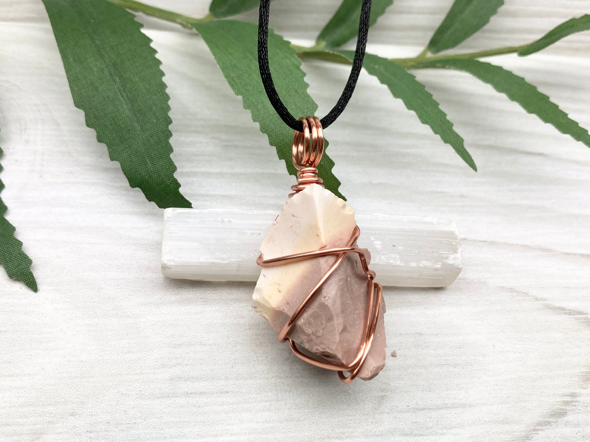 Raw Mookaite Jasper Necklace. Cream and Light Brown Crystal Wrapped With Tarnish Resistant Copper Wire. Comes On A Black Satin Silk Chain. Handcrafted During The Moon In Aries.