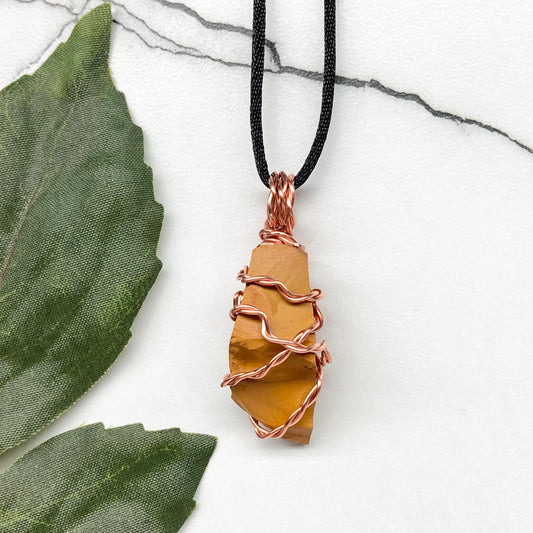 Natural Mookaite Jasper Necklace. Yellow Colored Raw Mookaite Crystal Wrapped With Pure Copper Wire.  Comes On A Black Chain. Handmade Spiritual Gemstone Jewelry. Made In The USA.