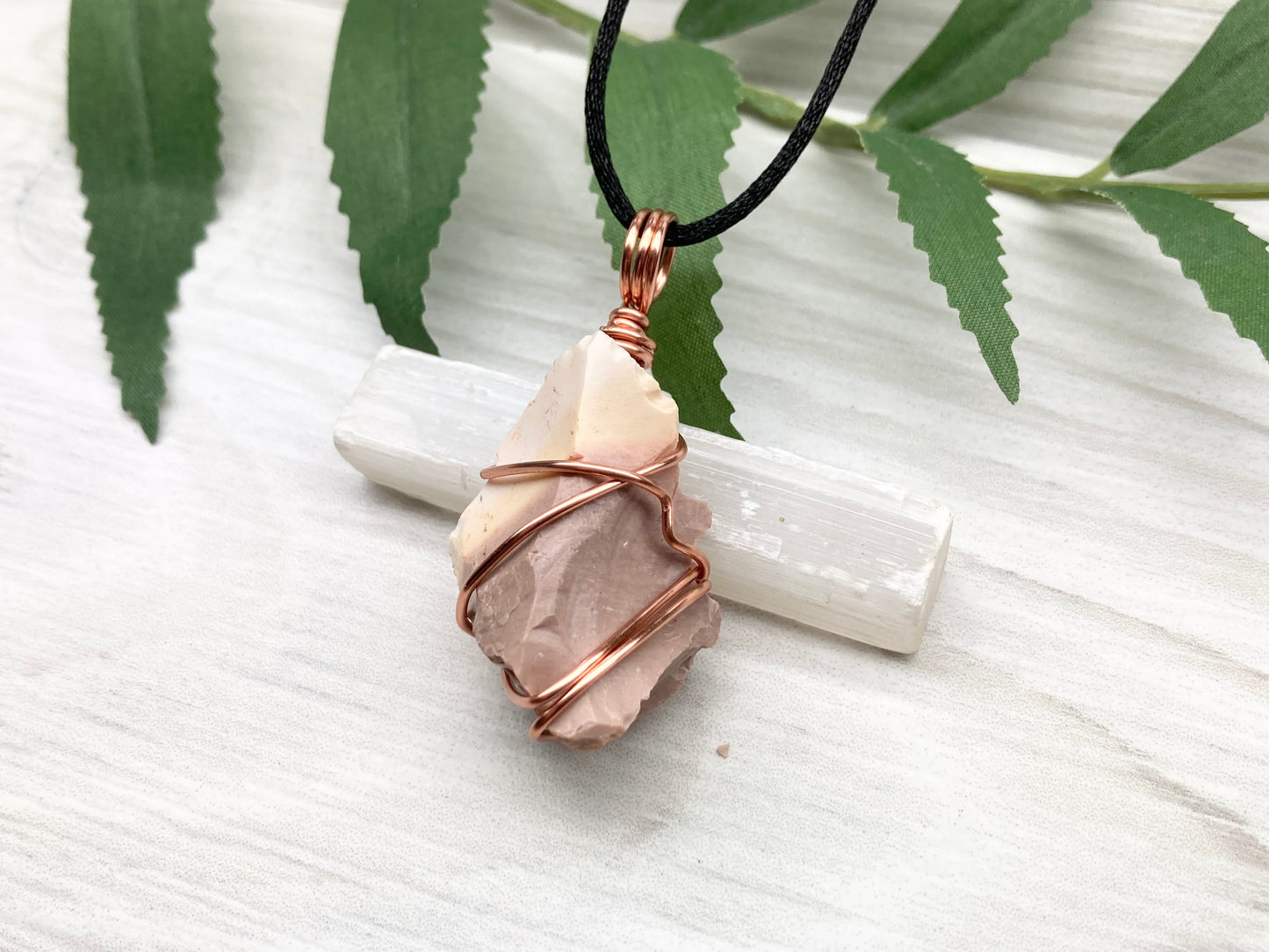 Raw Mookaite Jasper Necklace. Cream and Light Brown Crystal Wrapped With Tarnish Resistant Copper Wire. Comes On A Black Satin Silk Chain. Handcrafted During The Moon In Aries.
