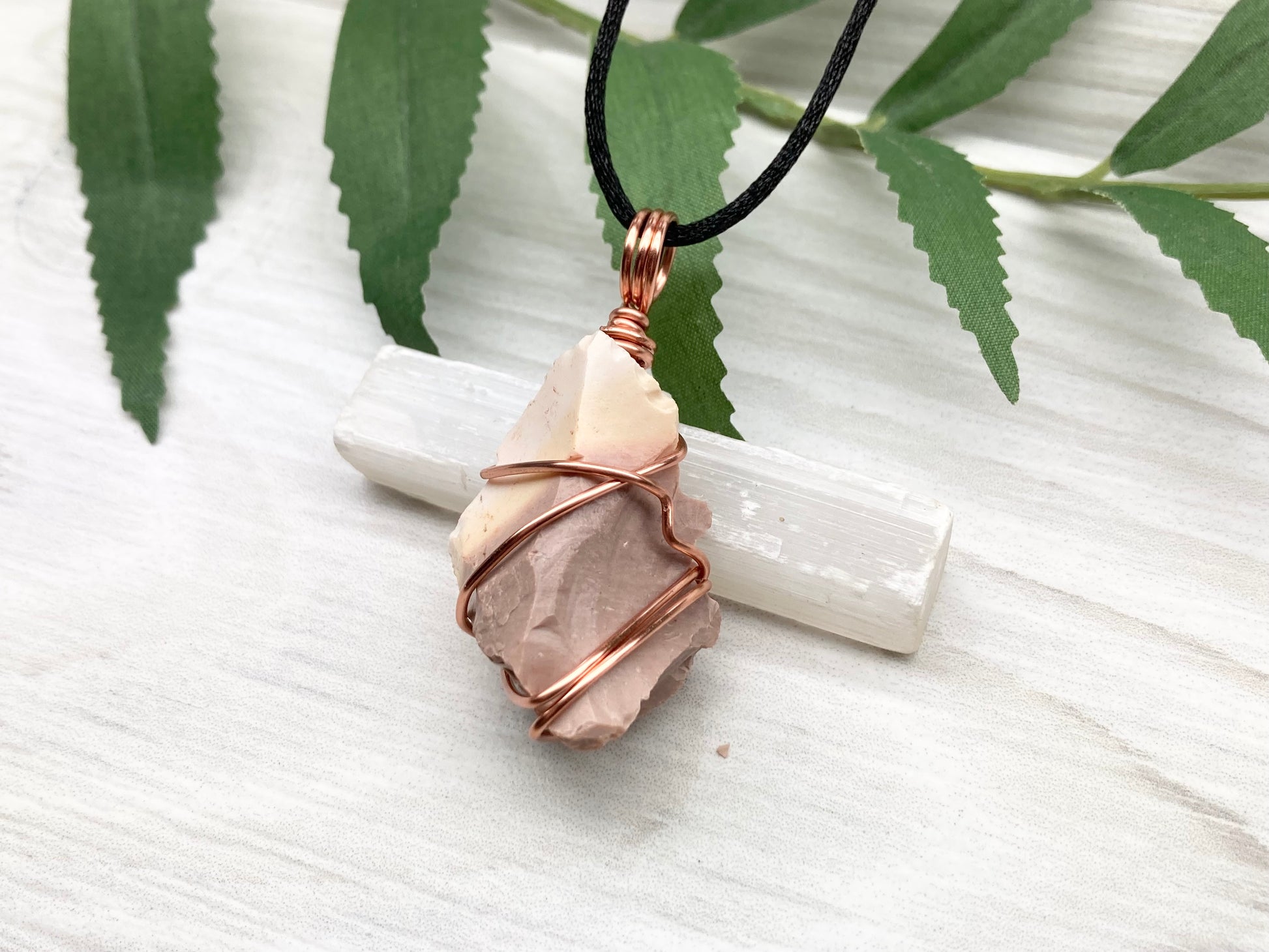 Raw Mookaite Jasper Necklace. Cream and Light Brown Crystal Wrapped With Tarnish Resistant Copper Wire. Comes On A Black Satin Silk Chain. Handcrafted During The Moon In Aries.