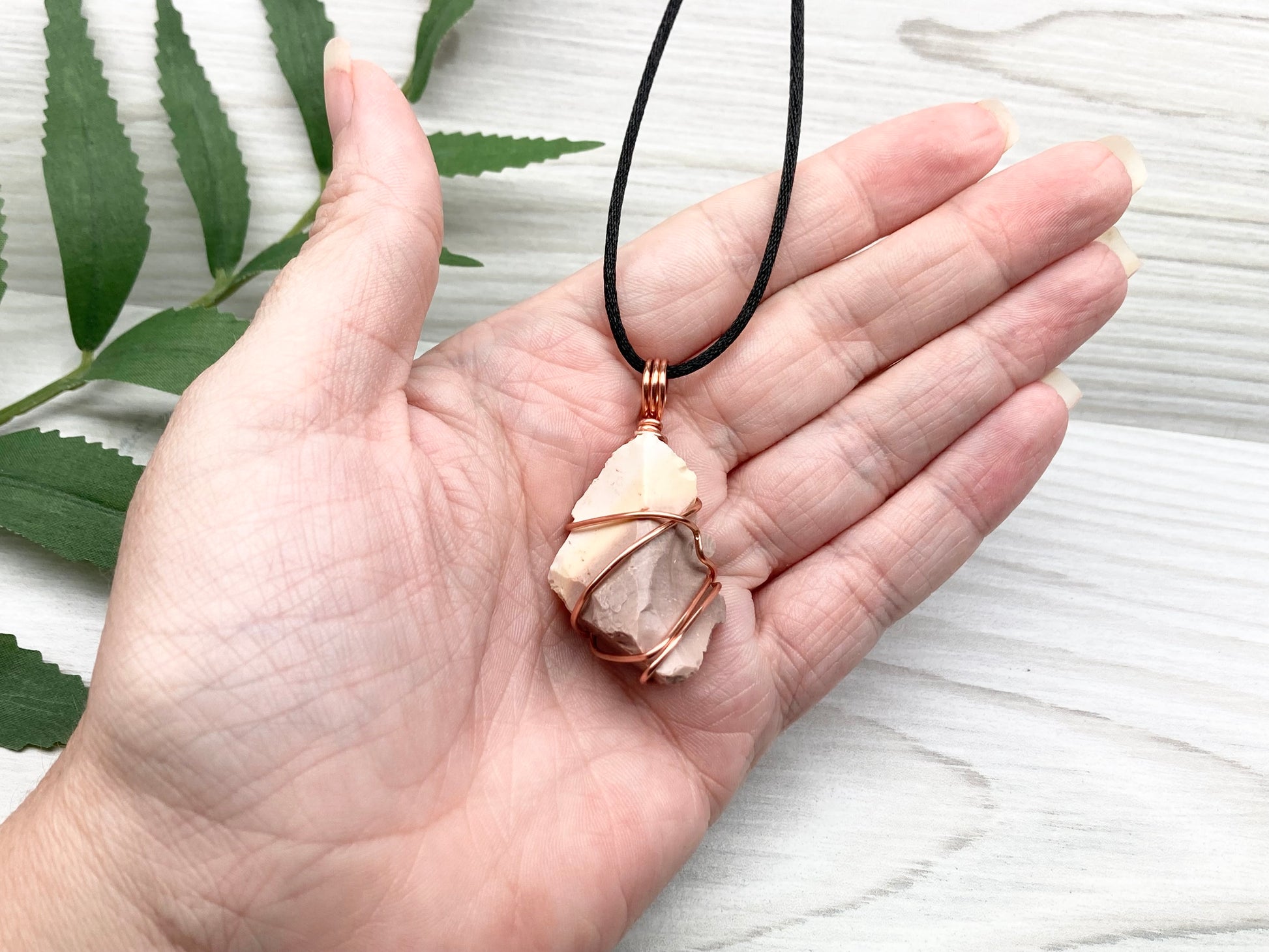 Raw Mookaite Jasper Necklace. Cream and Light Brown Crystal Wrapped With Tarnish Resistant Copper Wire. Comes On A Black Satin Silk Chain. Handcrafted During The Moon In Aries.