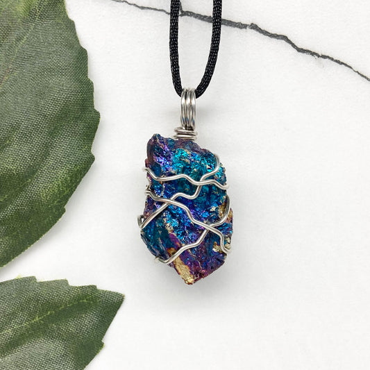 Raw Peacock Ore Necklace. Silver Copper Wire Wrapped Shimmery Crystal Pendant. Comes On A Black Necklace. Handmade Spiritual Jewelry.