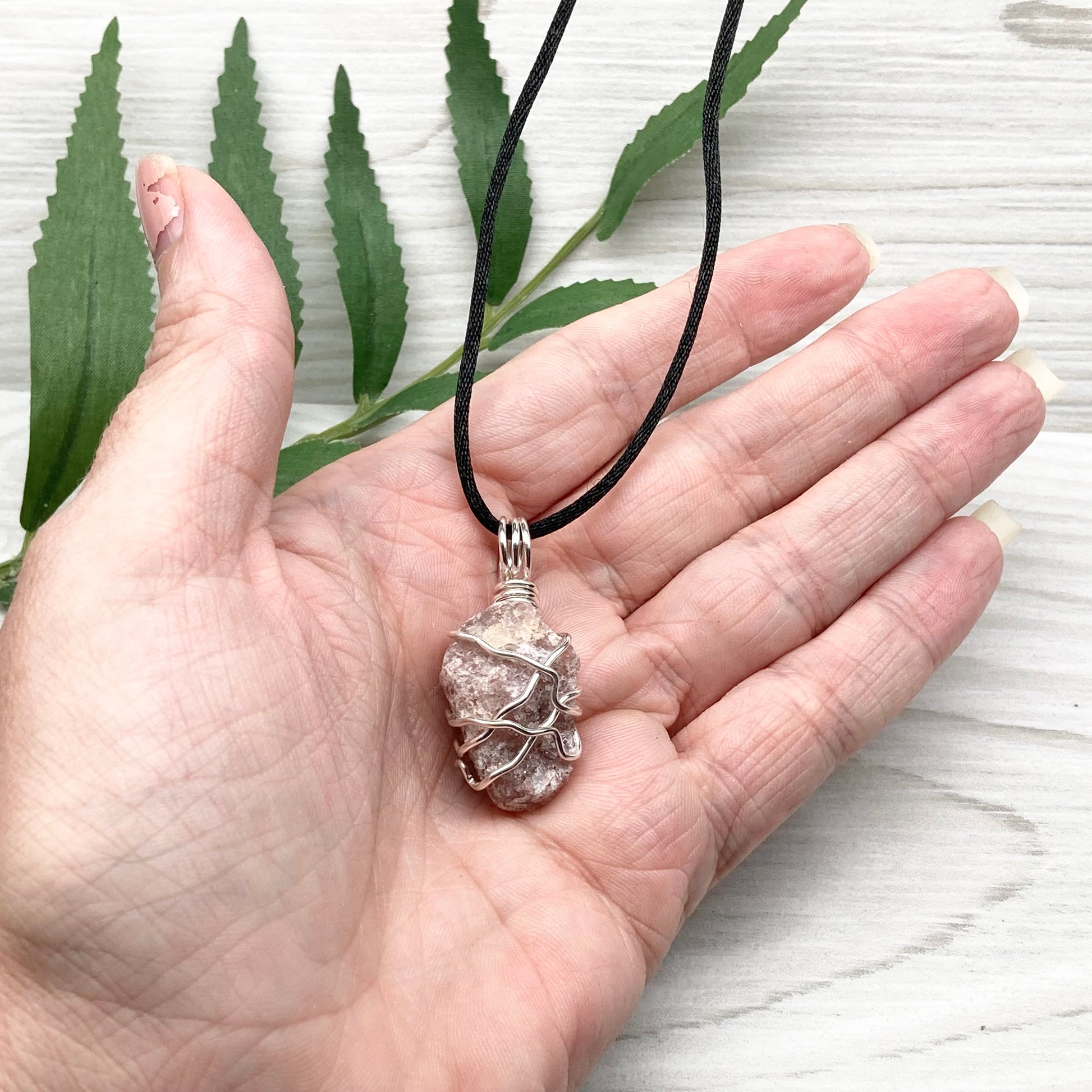 Raw Pink Aventurine Necklace. Aventurine stone wrapped with silver colored copper wire. Comes on a black chain. Pink purple crystal pendant. Wire wrapped jewelry. Aries zodiac gift. 