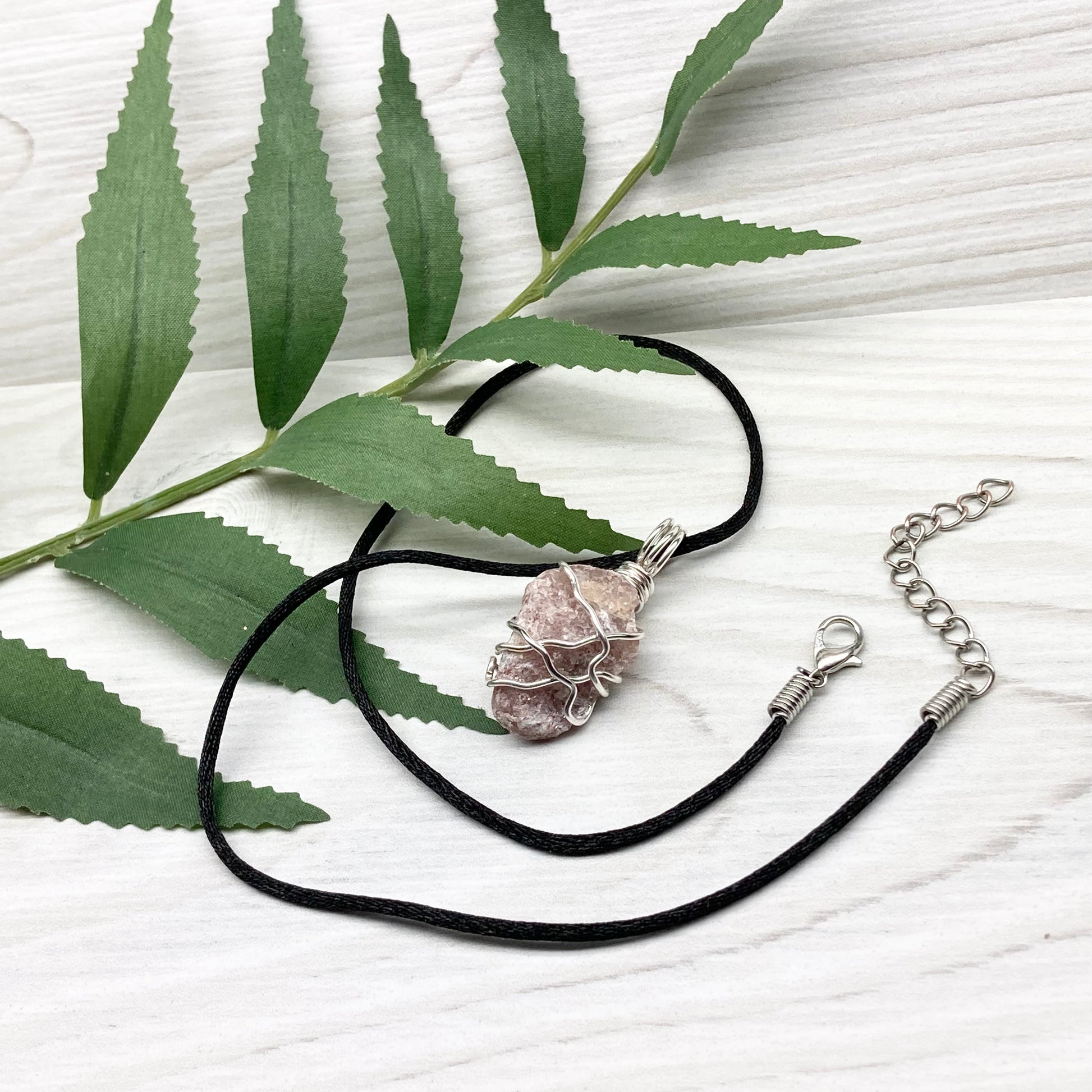 Raw Pink Aventurine Necklace. Aventurine stone wrapped with silver colored copper wire. Comes on a black chain. Pink purple crystal pendant. Wire wrapped jewelry. Aries zodiac gift. 