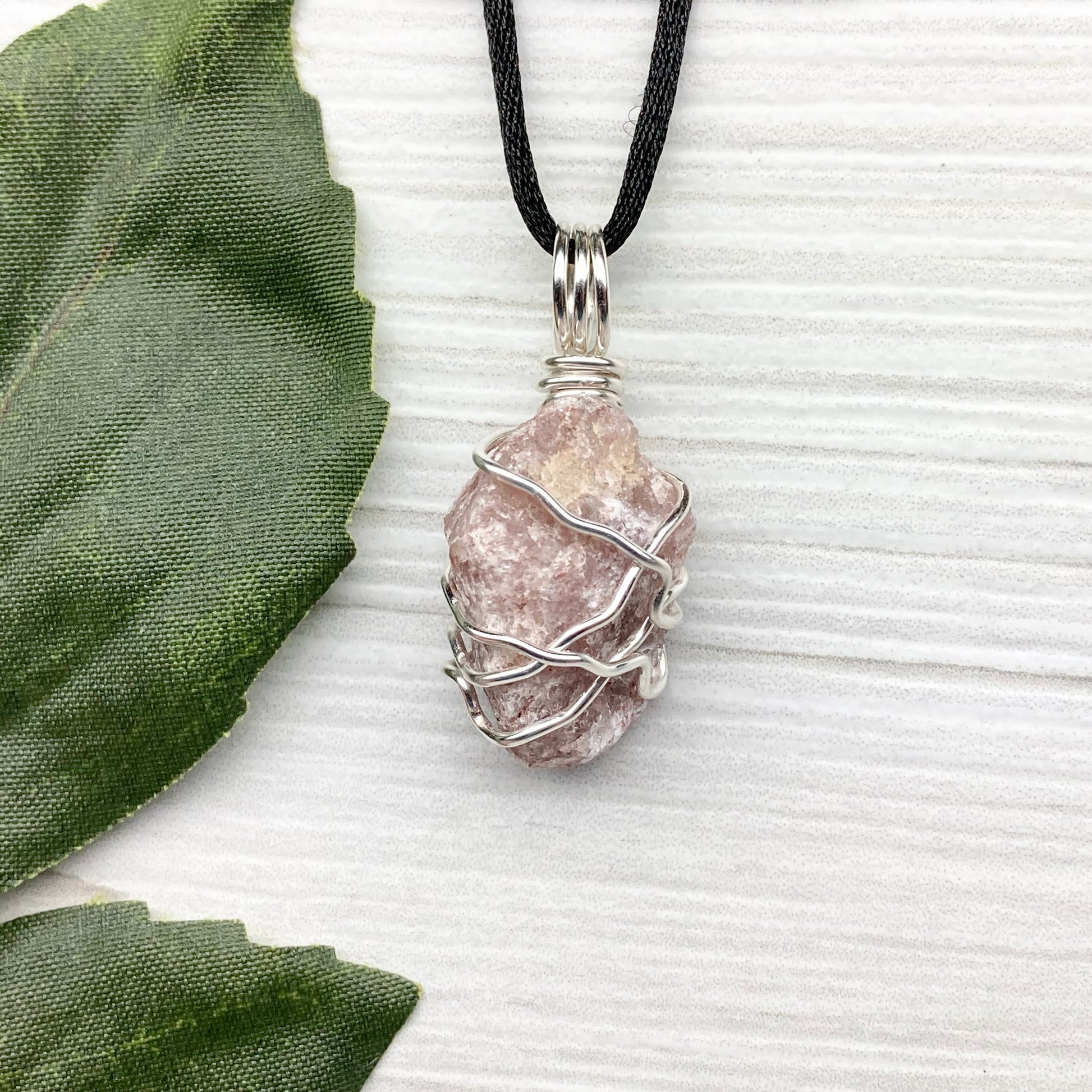 Raw Pink Aventurine Necklace. Aventurine stone wrapped with silver colored copper wire. Comes on a black chain. Pink purple crystal pendant. Wire wrapped jewelry. Aries zodiac gift. 