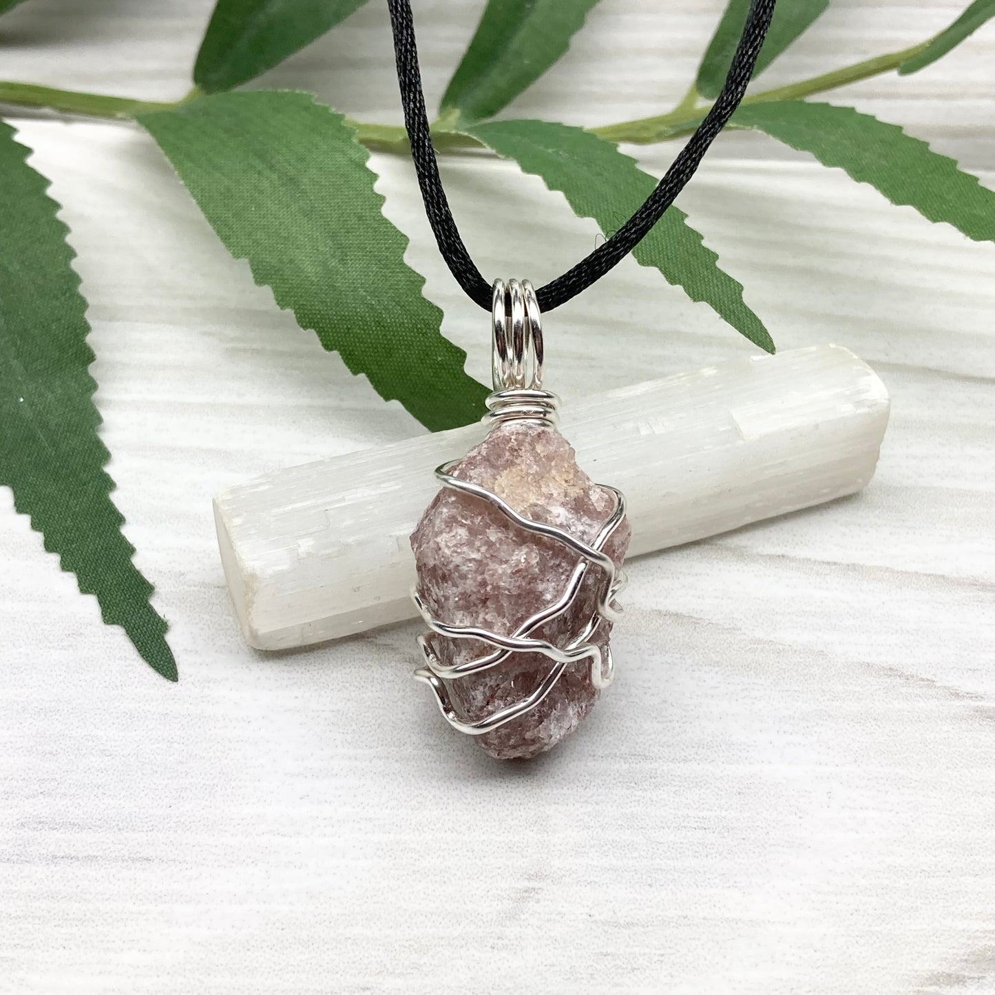 Raw Pink Aventurine Necklace. Aventurine stone wrapped with silver colored copper wire. Comes on a black chain. Pink purple crystal pendant. Wire wrapped jewelry. Aries zodiac gift. 