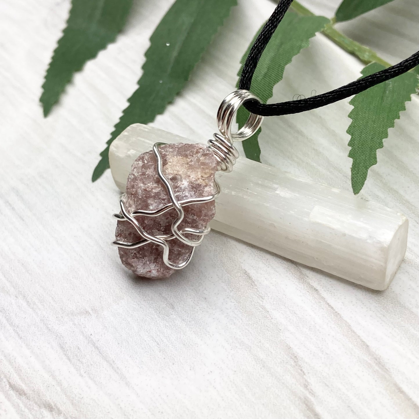 Raw Pink Aventurine Necklace. Aventurine stone wrapped with silver colored copper wire. Comes on a black chain. Pink purple crystal pendant. Wire wrapped jewelry. Aries zodiac gift. 