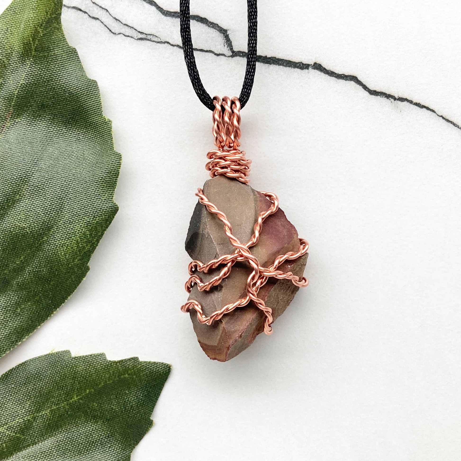 Raw Polychrome Jasper necklace wrapped in copper wire. Natural multicolored crystal pendant handcrafted during the Full Moon in Gemini.