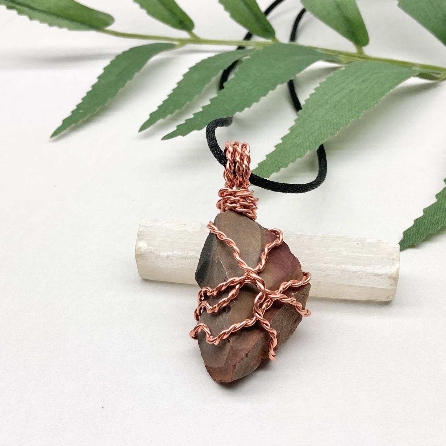 Raw Polychrome Jasper necklace wrapped in copper wire. Natural multicolored crystal pendant handcrafted during the Full Moon in Gemini.