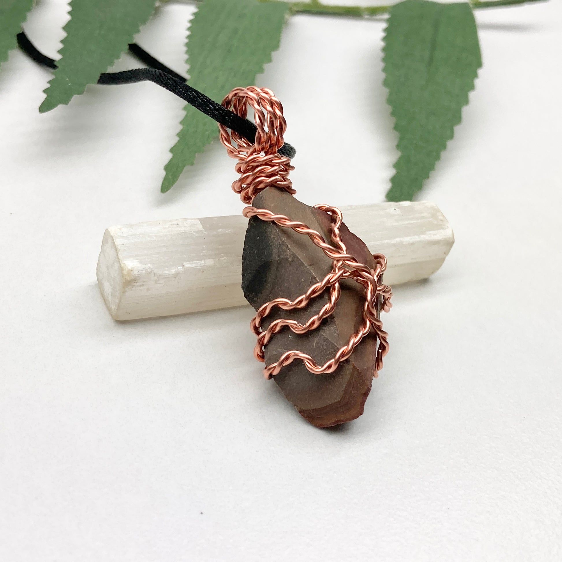 Raw Polychrome Jasper necklace wrapped in copper wire. Natural multicolored crystal pendant handcrafted during the Full Moon in Gemini.