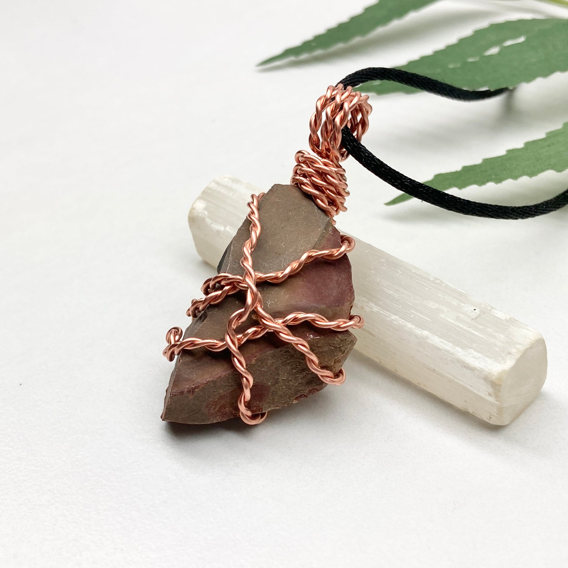 Raw Polychrome Jasper necklace wrapped in copper wire. Natural multicolored crystal pendant handcrafted during the Full Moon in Gemini.