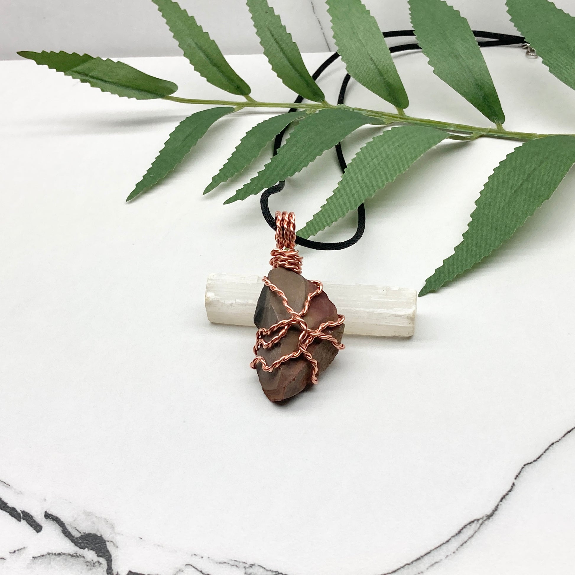 Raw Polychrome Jasper necklace wrapped in copper wire. Natural multicolored crystal pendant handcrafted during the Full Moon in Gemini.