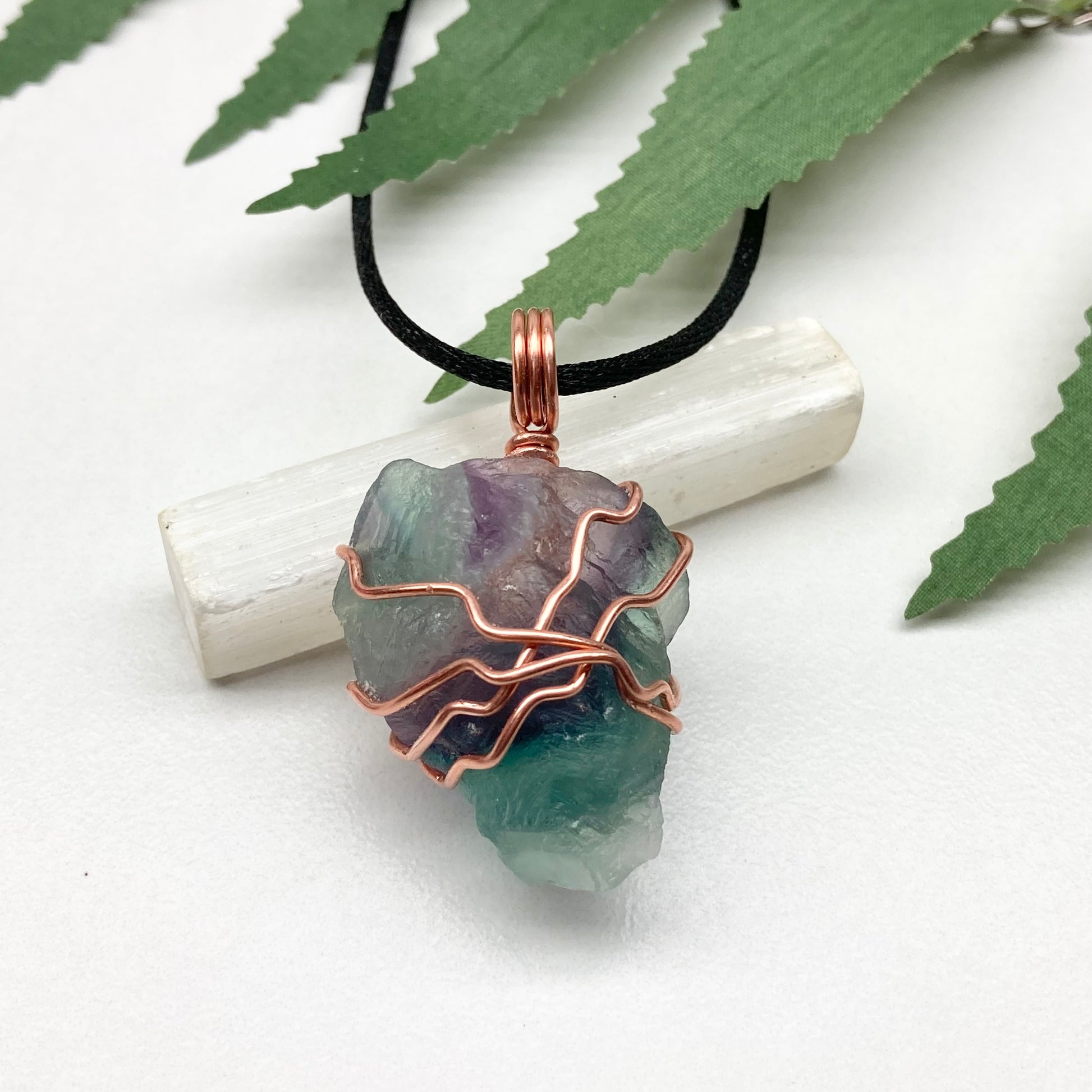 Rainbow Fluorite necklace. Green and purple Fluorite crystal wrapped with pure copper wire. Comes on a black chain. Wire wrapped stone pendant. Aquarius zodiac gift.