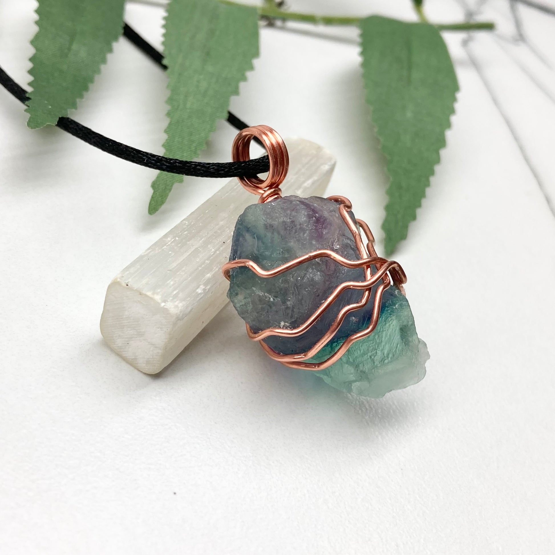 Rainbow Fluorite necklace. Green and purple Fluorite crystal wrapped with pure copper wire. Comes on a black chain. Wire wrapped stone pendant. Aquarius zodiac gift.