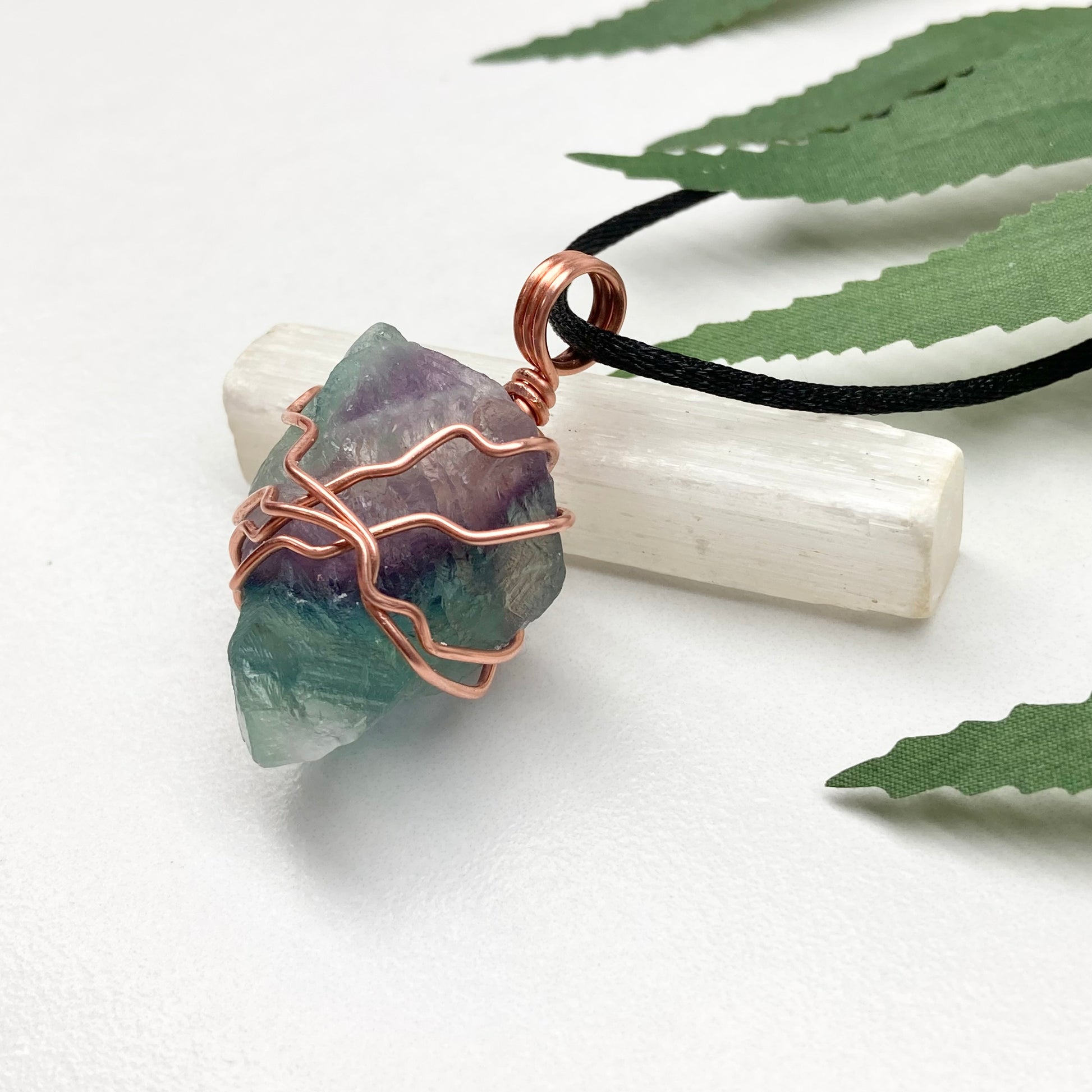 Rainbow Fluorite necklace. Green and purple Fluorite crystal wrapped with pure copper wire. Comes on a black chain. Wire wrapped stone pendant. Aquarius zodiac gift.