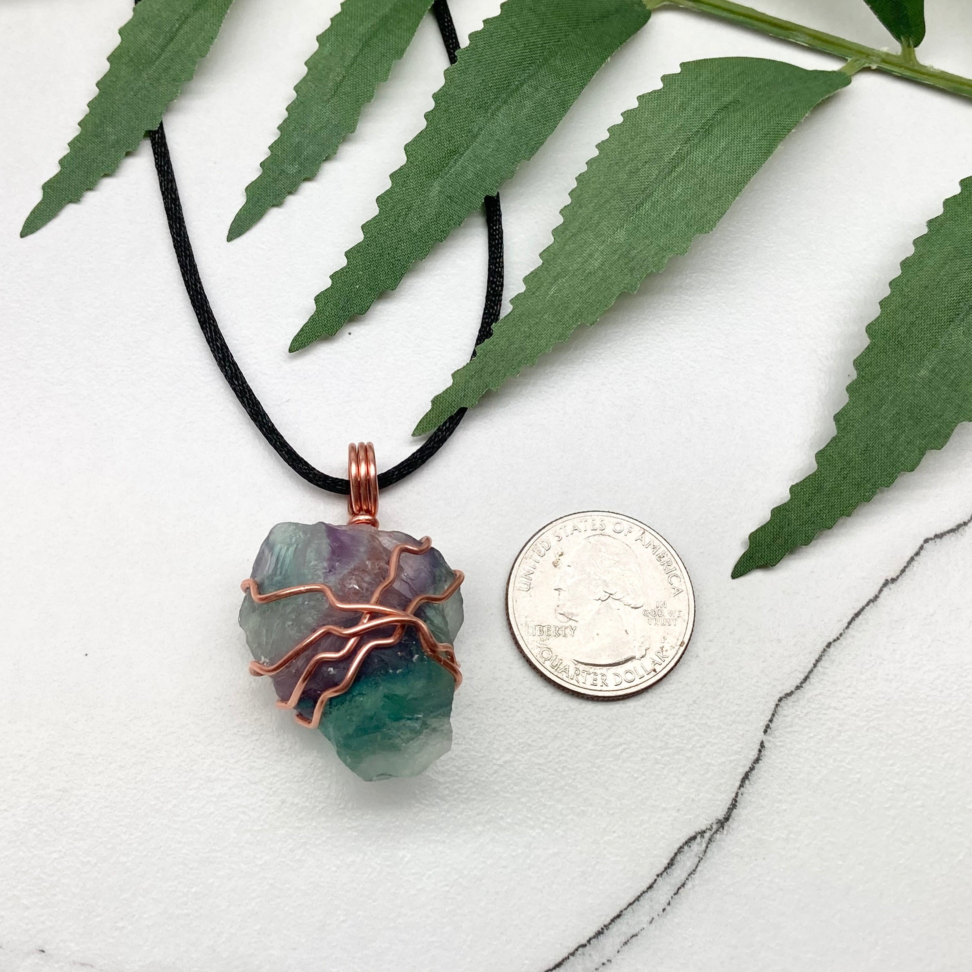 Rainbow Fluorite necklace. Green and purple Fluorite crystal wrapped with pure copper wire. Comes on a black chain. Wire wrapped stone pendant. Aquarius zodiac gift.