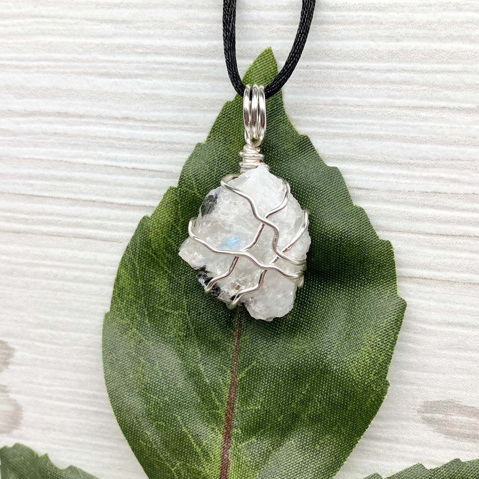 Zenergy Gems Rainbow Moonstone Crystal Pendant Necklace With Silver Chain & Charging Stone