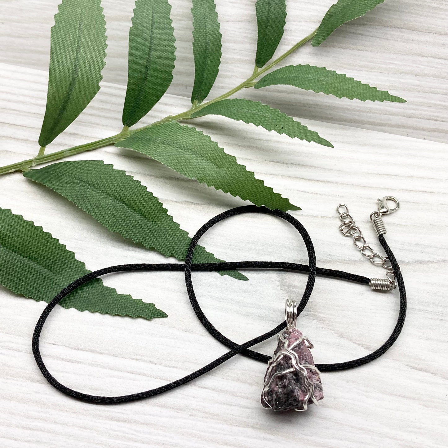 Raw Rhodonite Necklace, Silver Wrapped Crystal