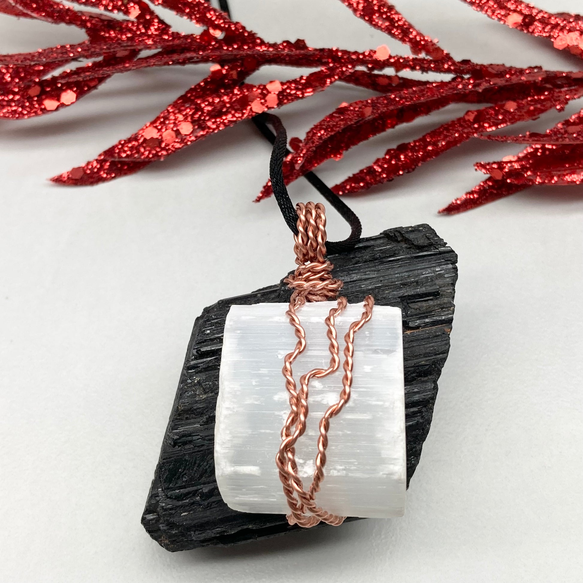 Large chunky Selenite crystal wrapped in 99.9% pure copper wire on a black necklace. Big white stone pendant. Handmade during the Moon in Aries.