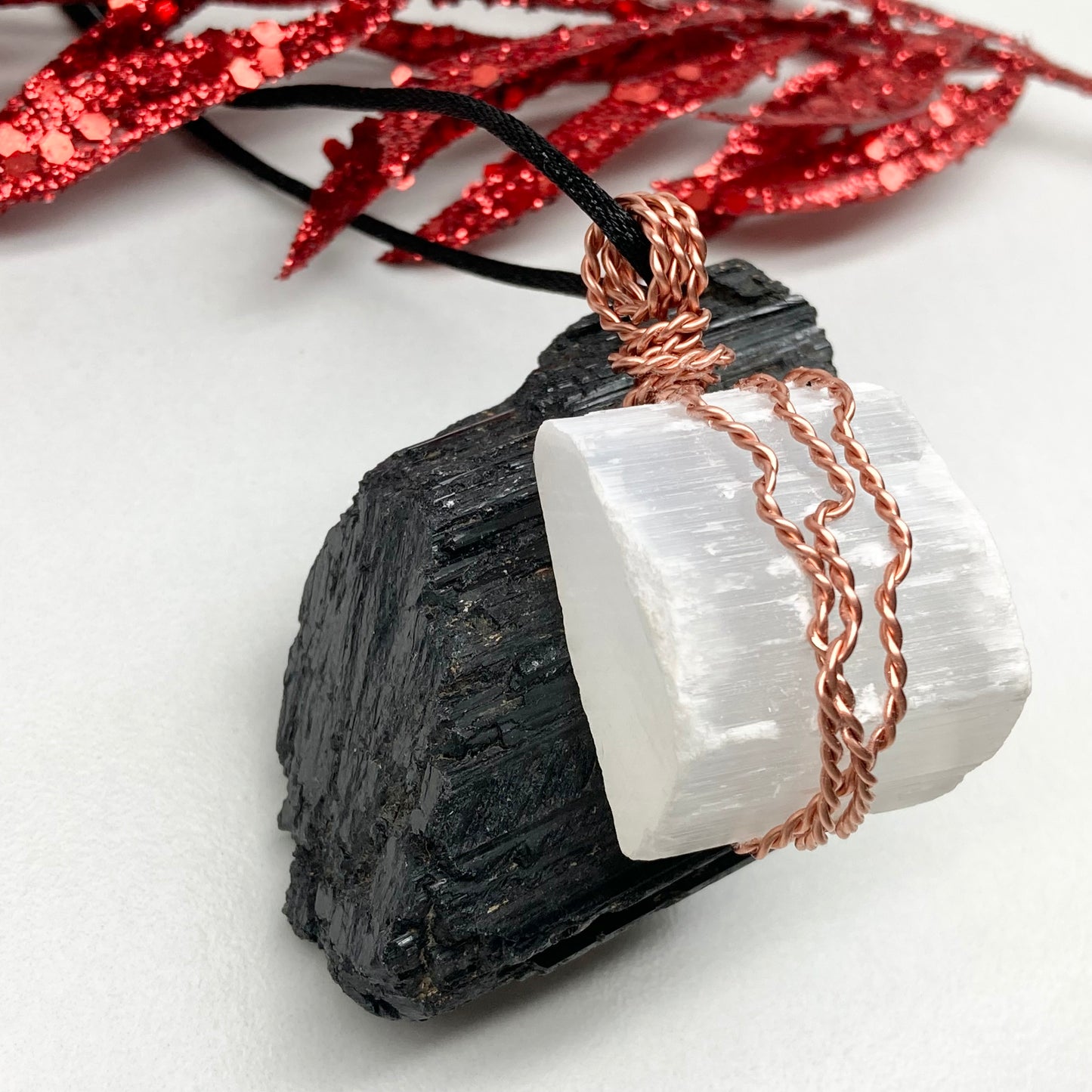 Large chunky Selenite crystal wrapped in 99.9% pure copper wire on a black necklace. Big white stone pendant. Handmade during the Moon in Aries.