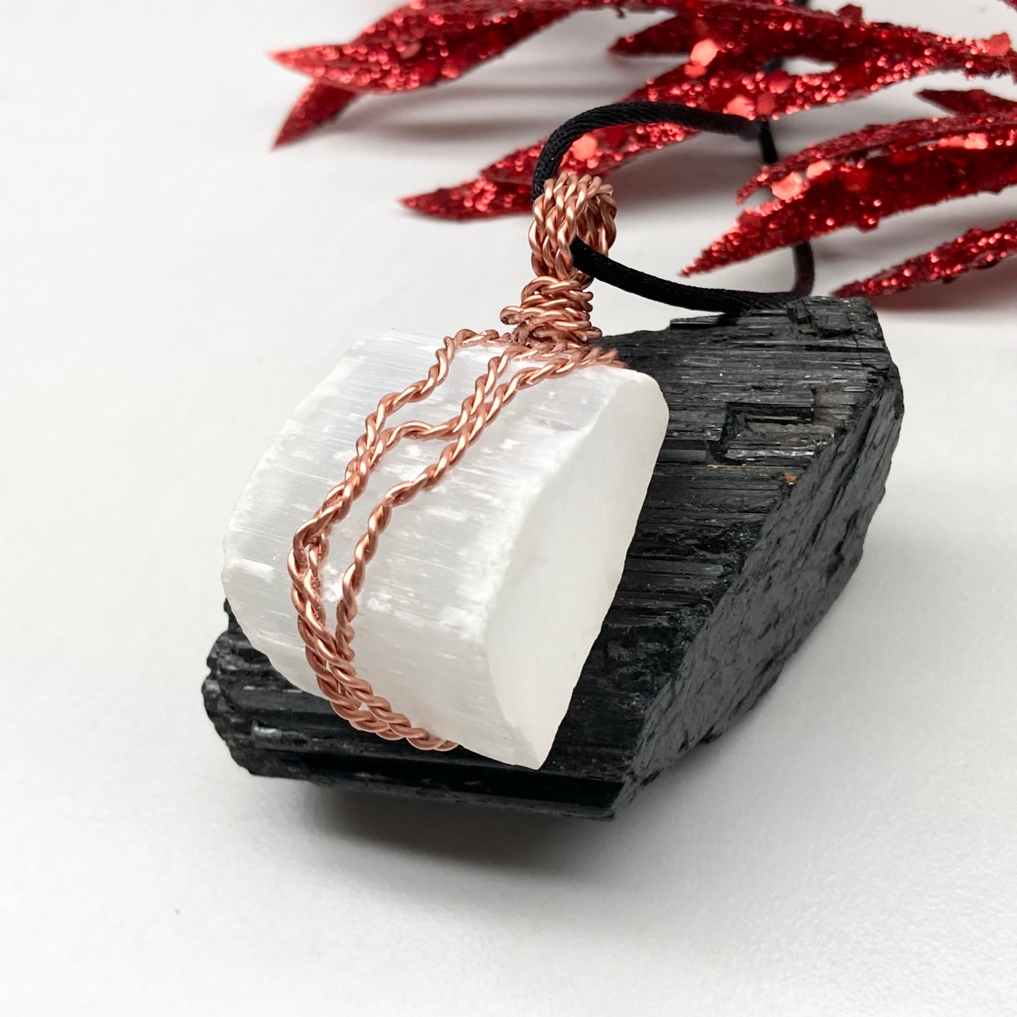 Large chunky Selenite crystal wrapped in 99.9% pure copper wire on a black necklace. Big white stone pendant. Handmade during the Moon in Aries.