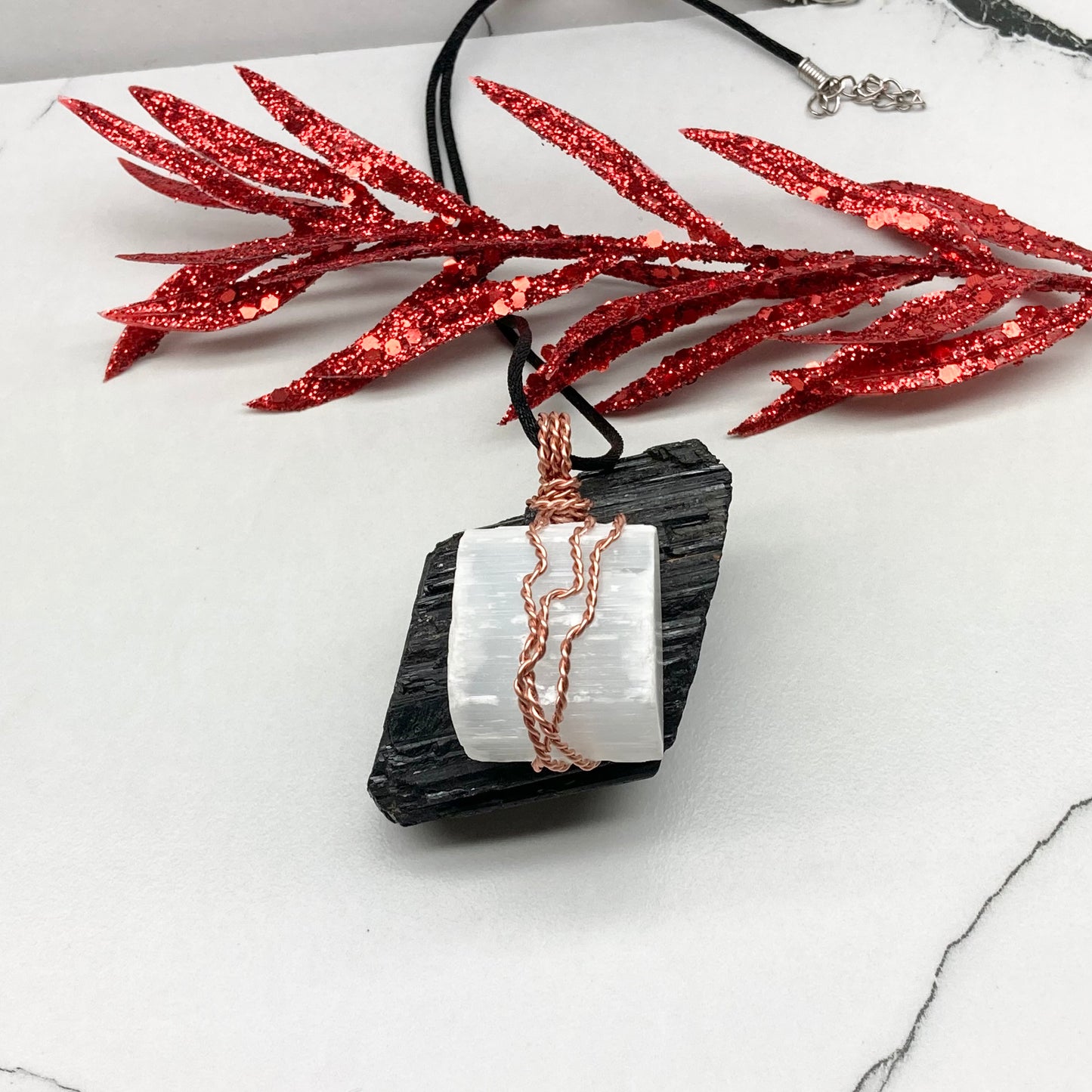 Large chunky Selenite crystal wrapped in 99.9% pure copper wire on a black necklace. Big white stone pendant. Handmade during the Moon in Aries.