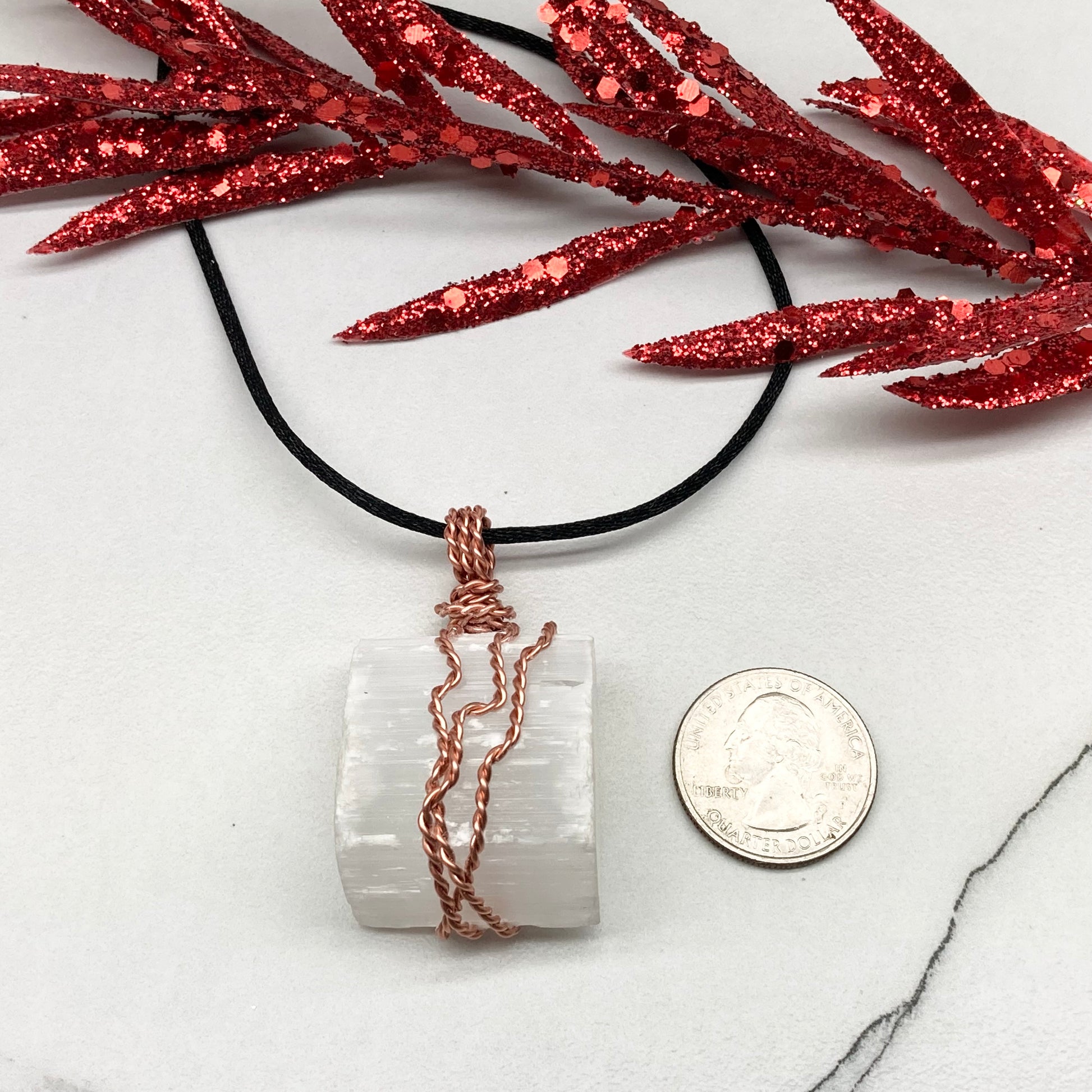 Large chunky Selenite crystal wrapped in 99.9% pure copper wire on a black necklace. Big white stone pendant. Handmade during the Moon in Aries.